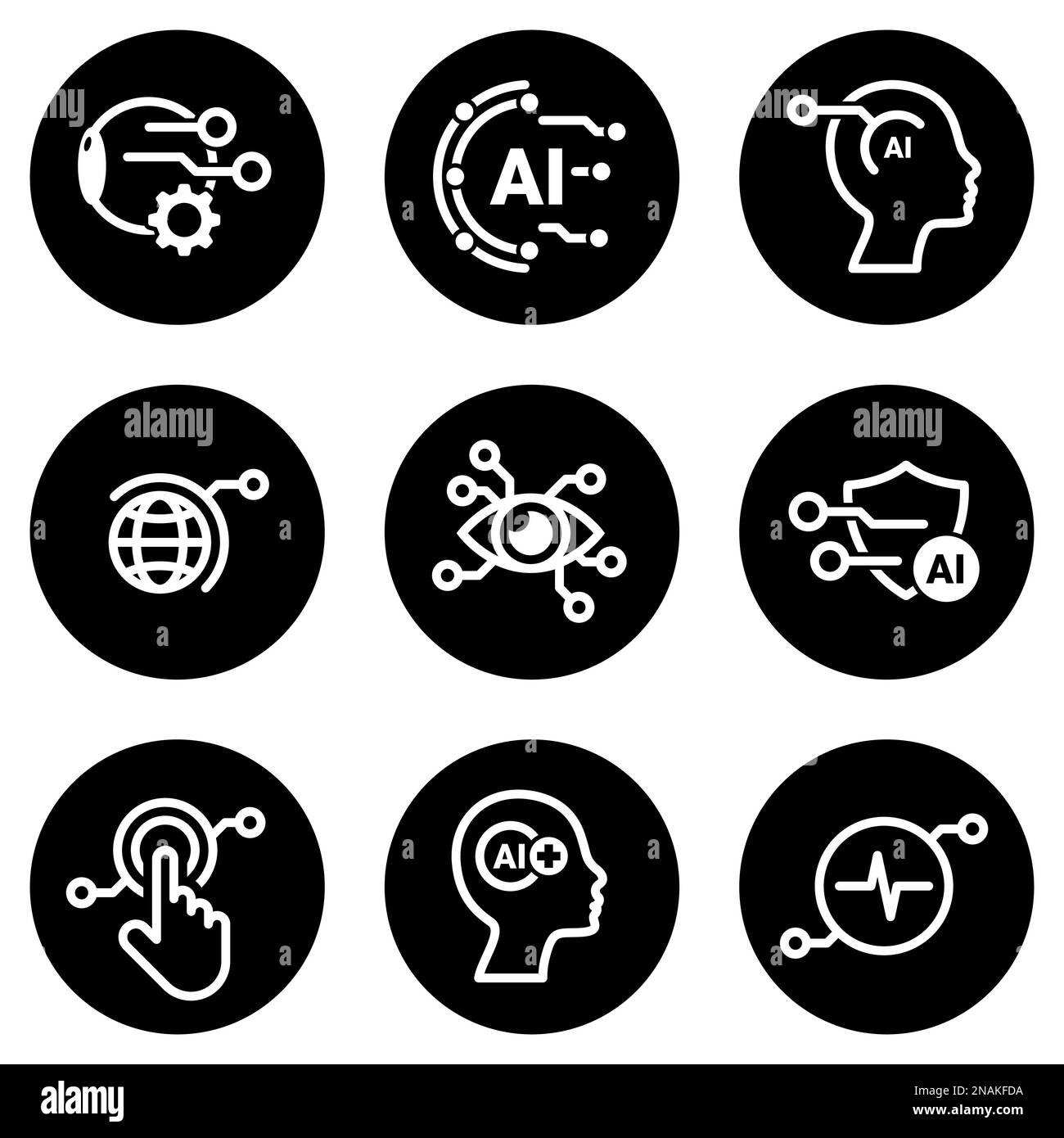 Insieme di icone semplici su un tema intelligenza artificiale, vettore, disegno, collezione, piatto, segno, simbolo, elemento, oggetto, illustrazione, isolato. Bianco Illustrazione Vettoriale