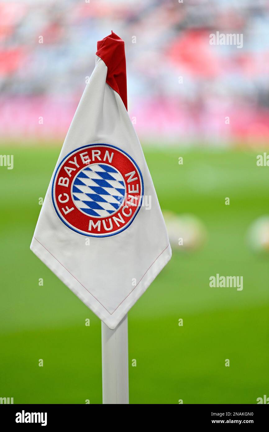 Bandiera ad angolo, logo, Allianz Arena, Monaco di Baviera, Germania Foto Stock