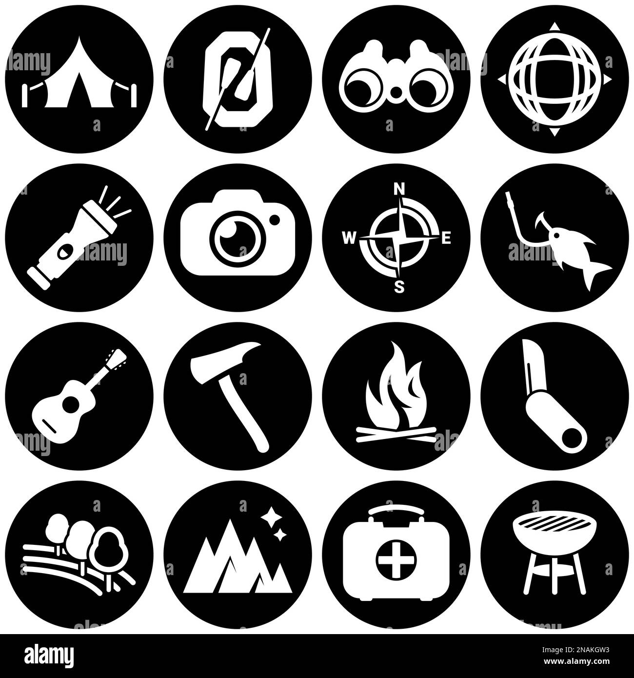 Set di icone semplici su un tema estate campeggio, viaggio, vettore, design, collezione, piatto, segno, simbolo, elemento, oggetto, illustrazione. Sfondo bianco Illustrazione Vettoriale