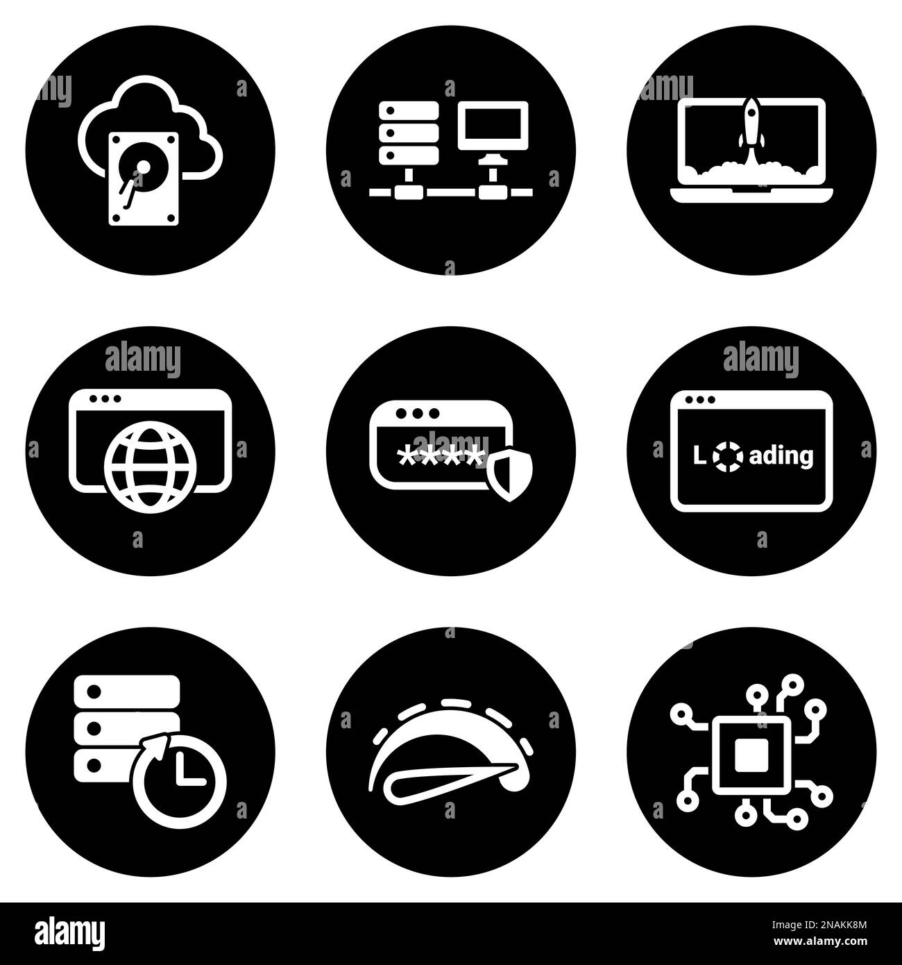 Insieme di icone bianche isolate su uno sfondo nero, su un computer a tema e su una rete Illustrazione Vettoriale