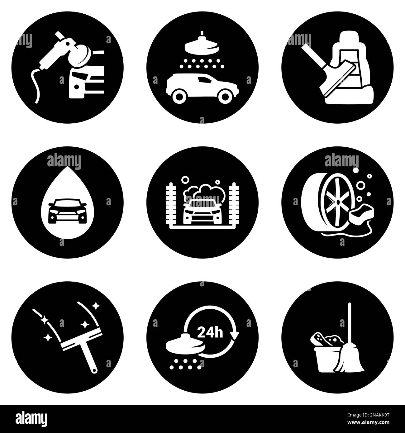 Set di icone bianche isolate su uno sfondo nero, su un tema Car Wash Illustrazione Vettoriale