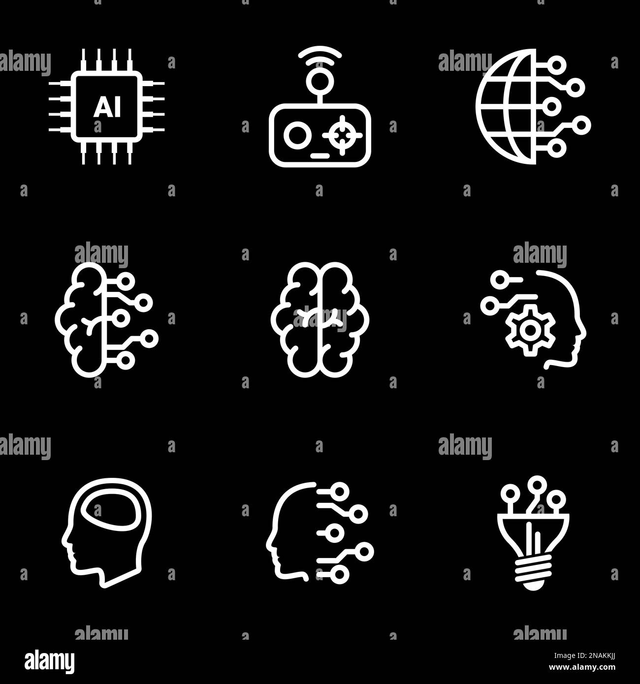Set di icone semplici su un tema artificiale intelletto, mente, tecnologia, vettore, set. Sfondo nero Illustrazione Vettoriale