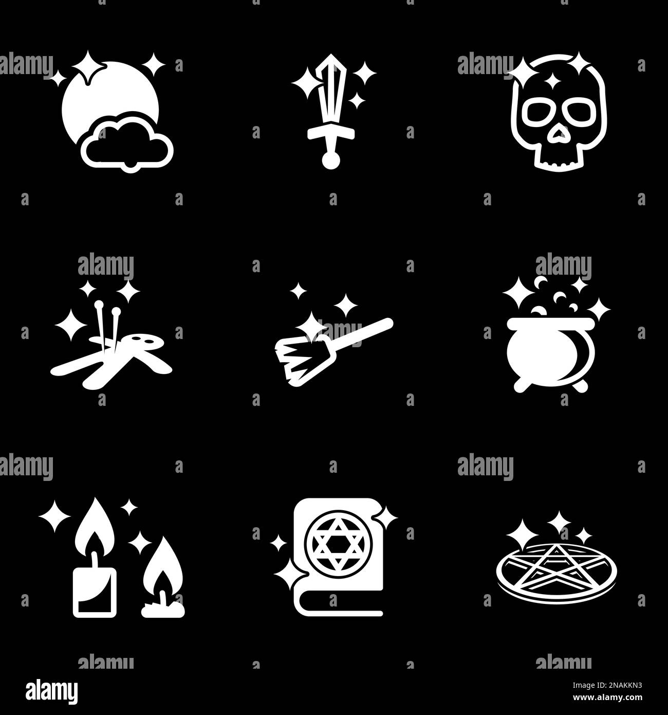 Insieme di icone semplici su un tema: Magia, proibito, pentagramma, culto, vettore, imposta. Sfondo nero Illustrazione Vettoriale