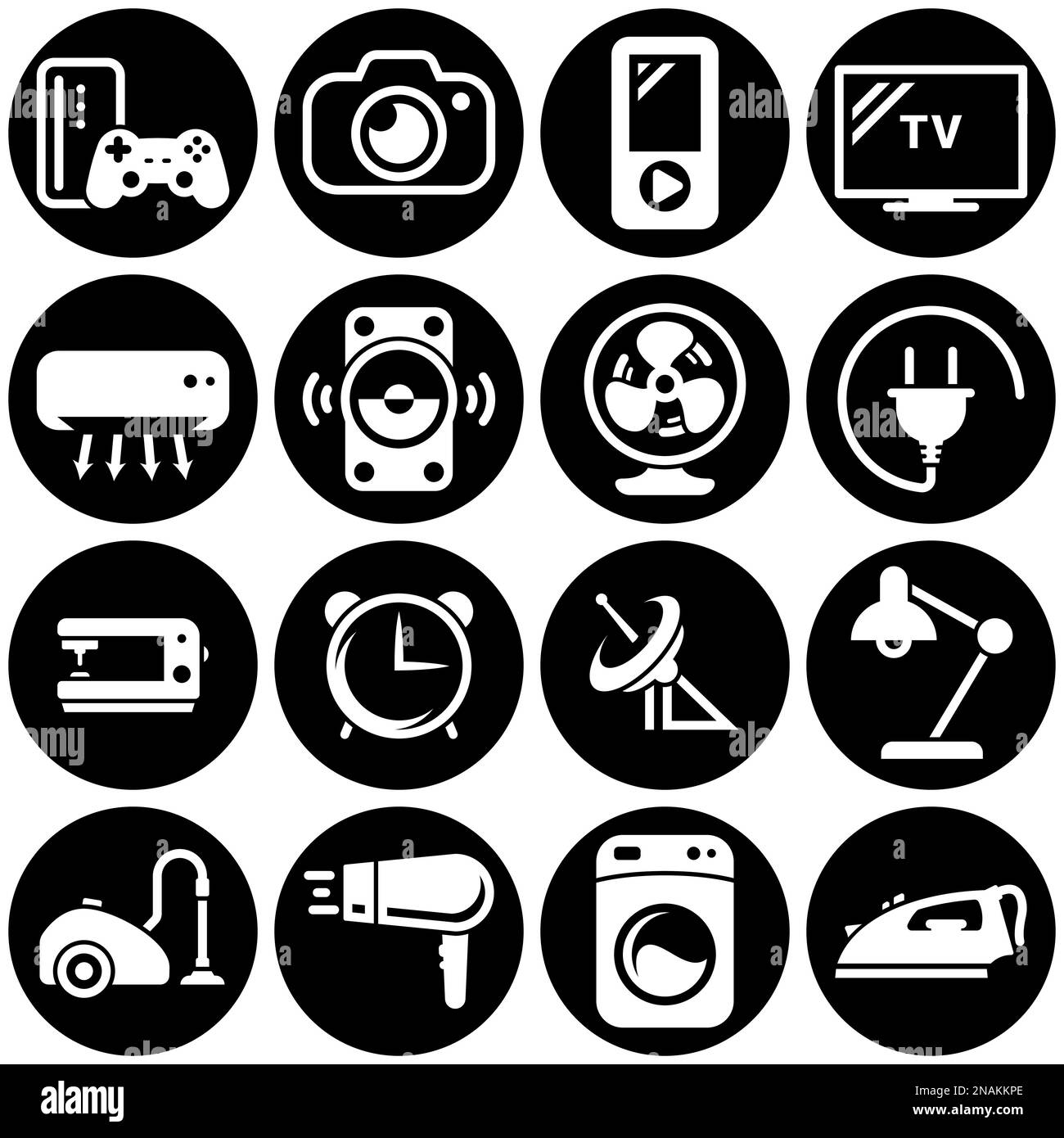 Set di icone semplici su un tema Casa, elettrodomestici, casa, vettore, design, collezione, piatto, segno, simbolo,elemento, oggetto, illustrazione. Bianco b Illustrazione Vettoriale