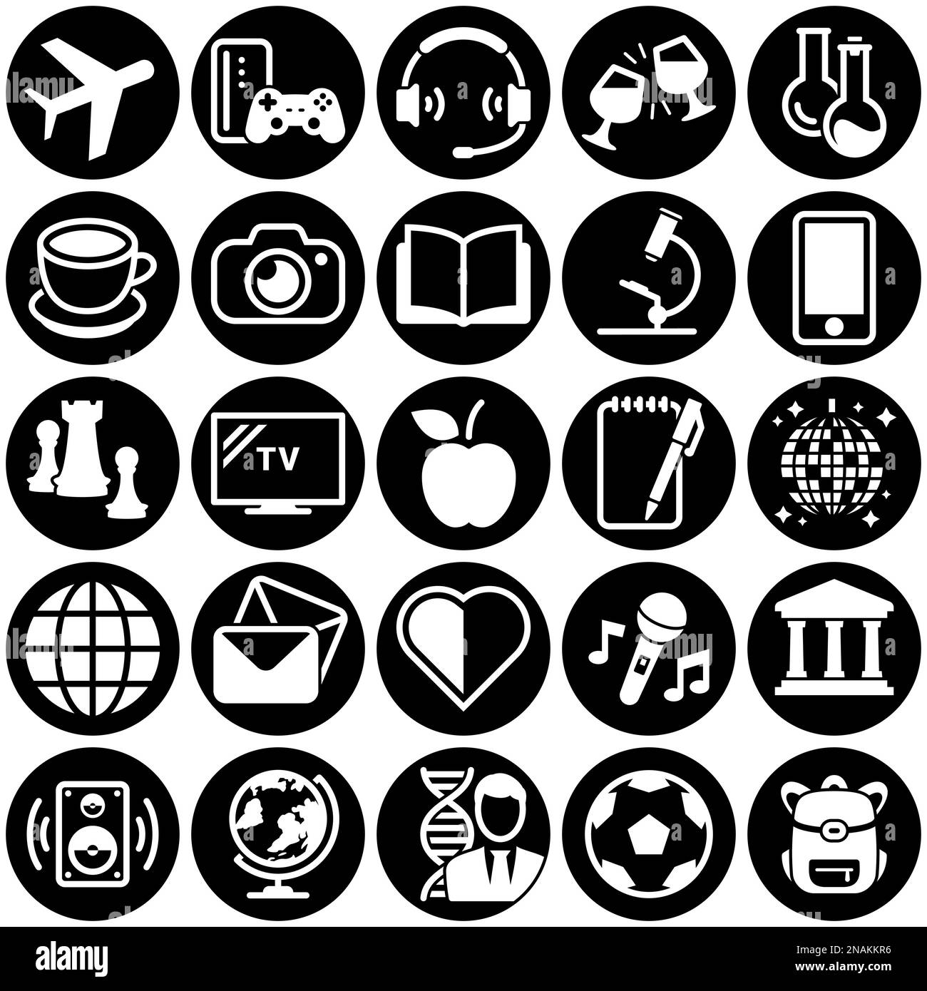 Set di icone semplici su un tema Hobby, intrattenimento, vettore, design, collezione, piatto, segno, simbolo, elemento, oggetto, illustrazione. Sfondo bianco Illustrazione Vettoriale
