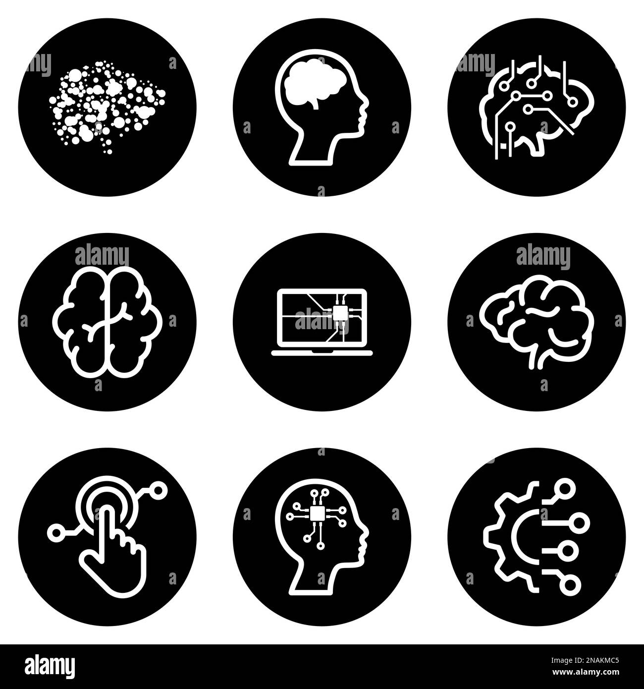 Set di icone bianche isolate su sfondo nero, su un tema intelligenza artificiale Illustrazione Vettoriale