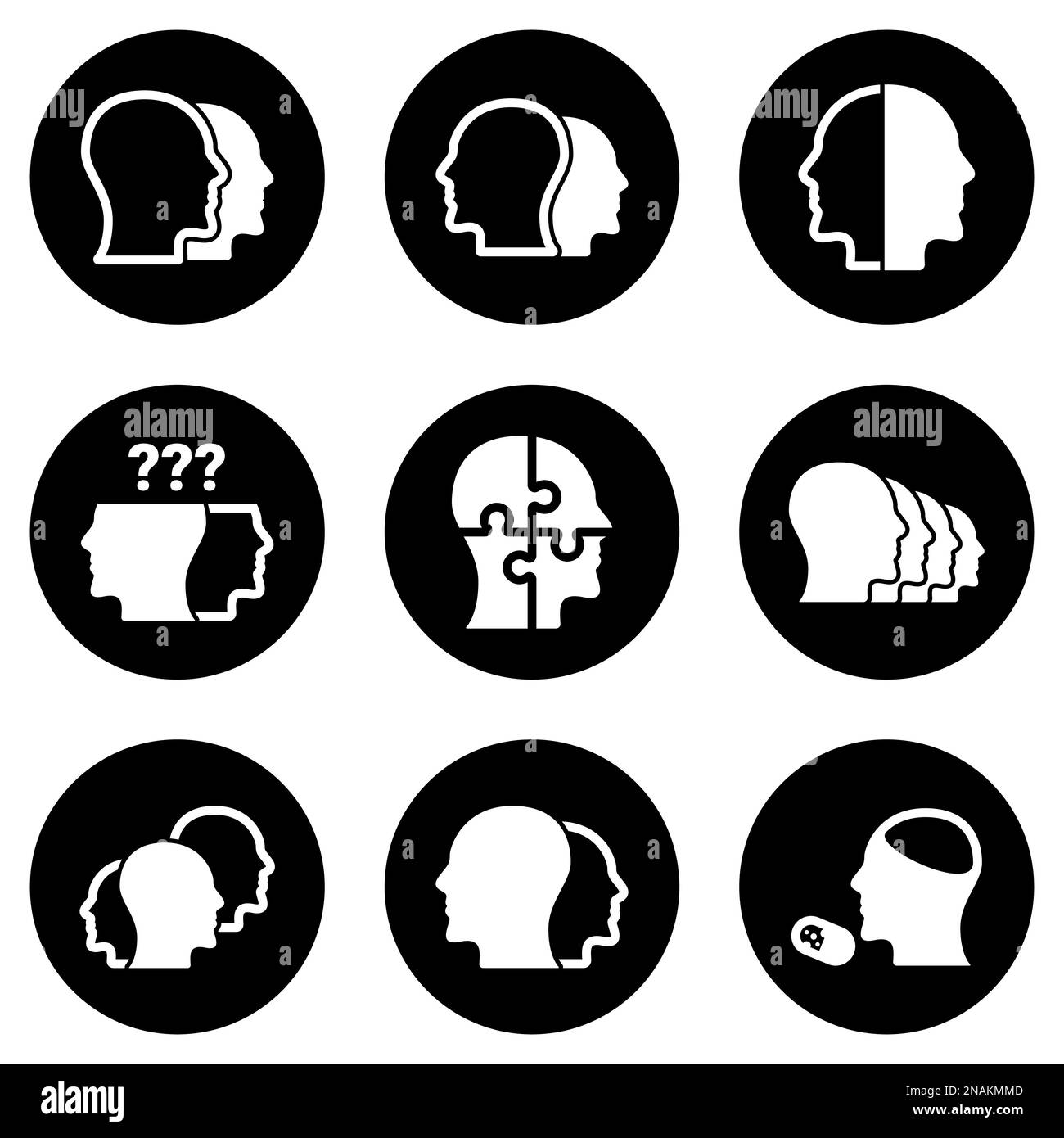 Insieme di icone semplici su un tema schizofrenia, salute mentale, psicologia , vettore, insieme. Sfondo bianco Illustrazione Vettoriale