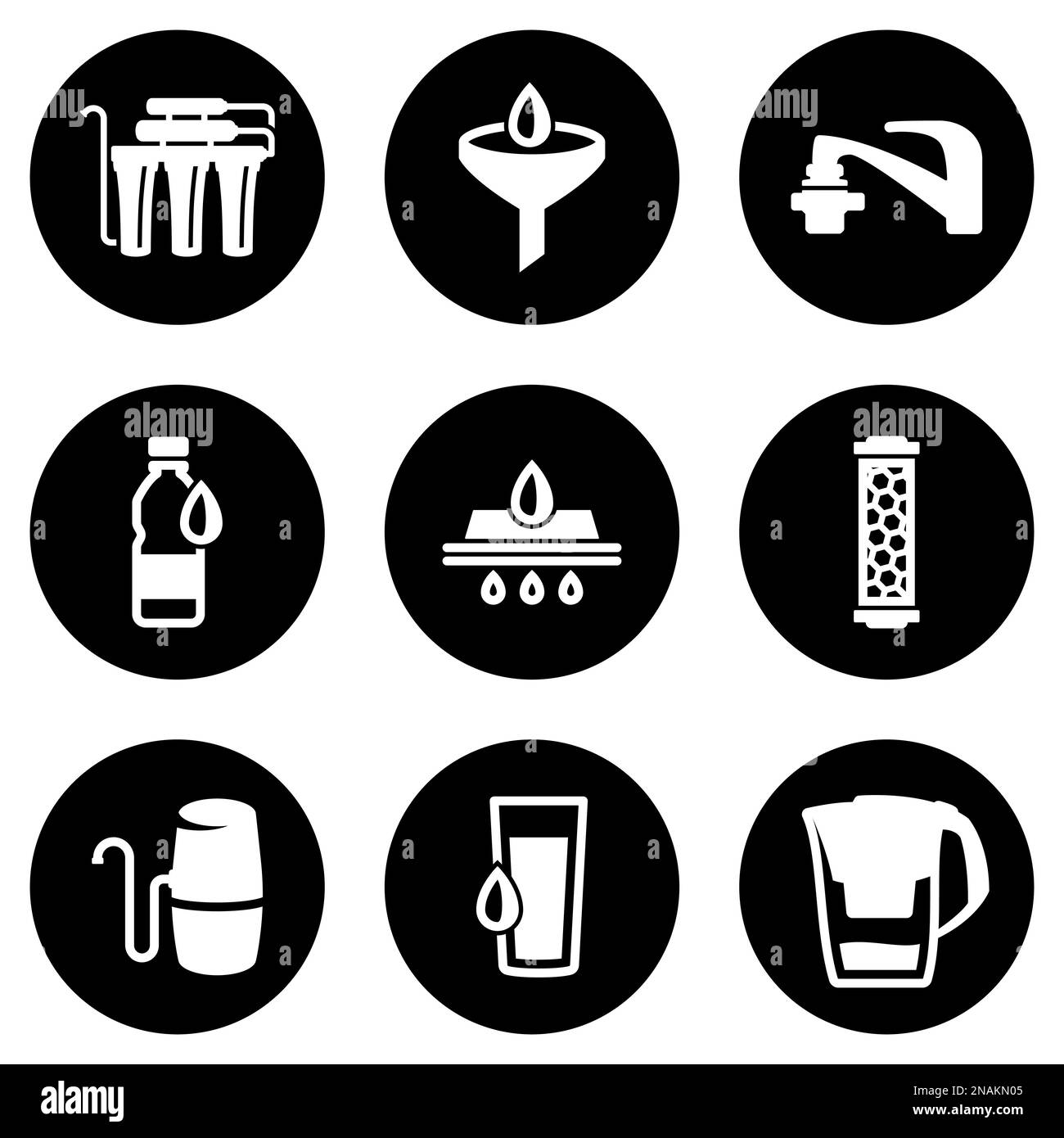 Set di icone bianche isolate su uno sfondo nero, su un tema Water Purifier Illustrazione Vettoriale