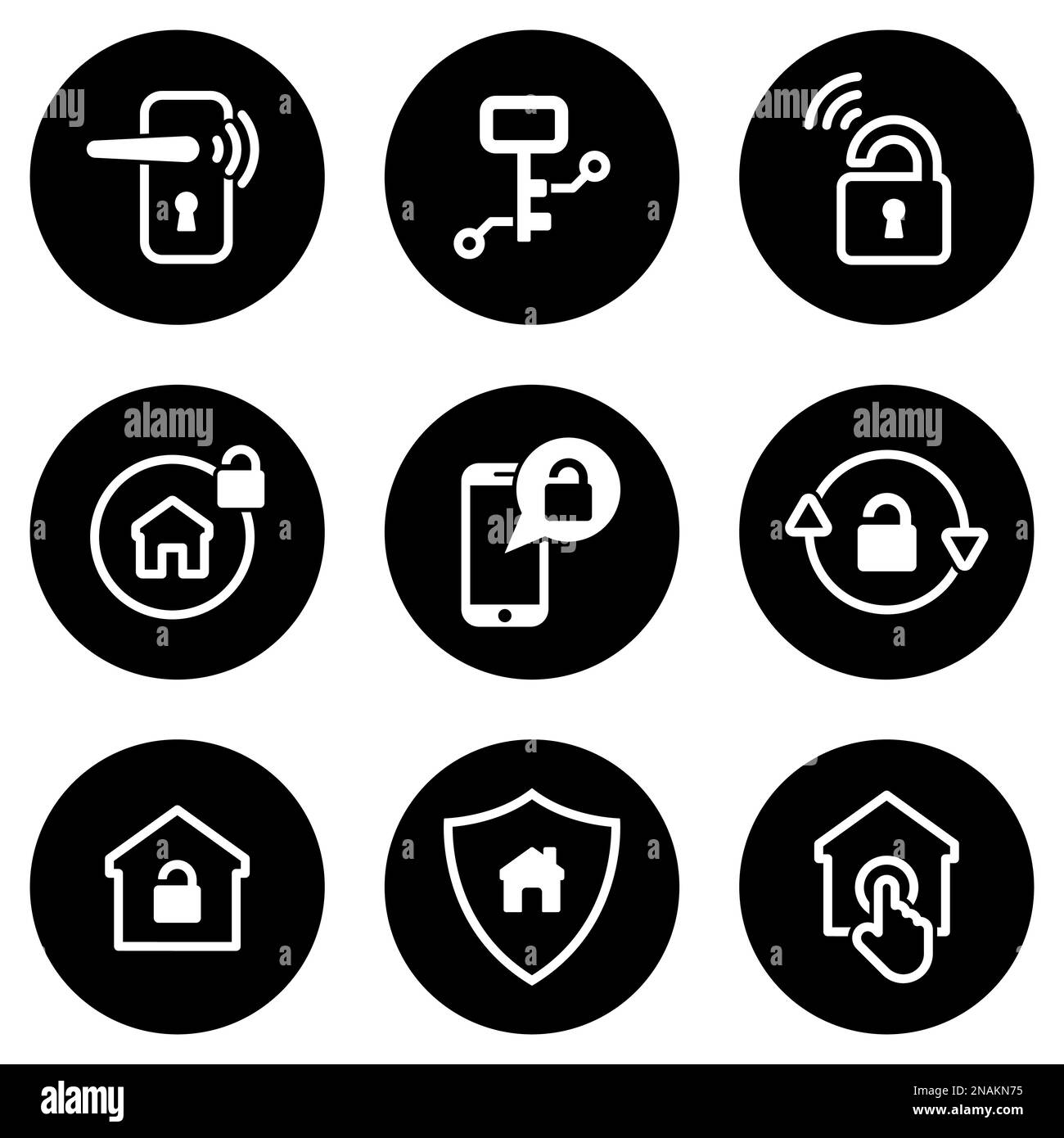 Insieme di icone semplici su un tema Smart door lock, vettore, design, collezione, piatto, segno, simbolo, elemento, oggetto, illustrazione, isolato. Sfondo bianco Illustrazione Vettoriale