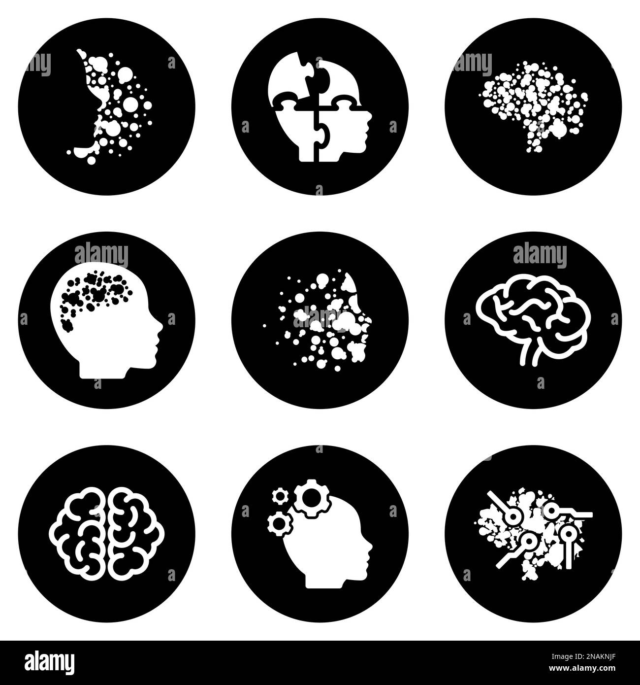 Insieme di icone bianche isolate su uno sfondo nero, su un tema cervello Illustrazione Vettoriale