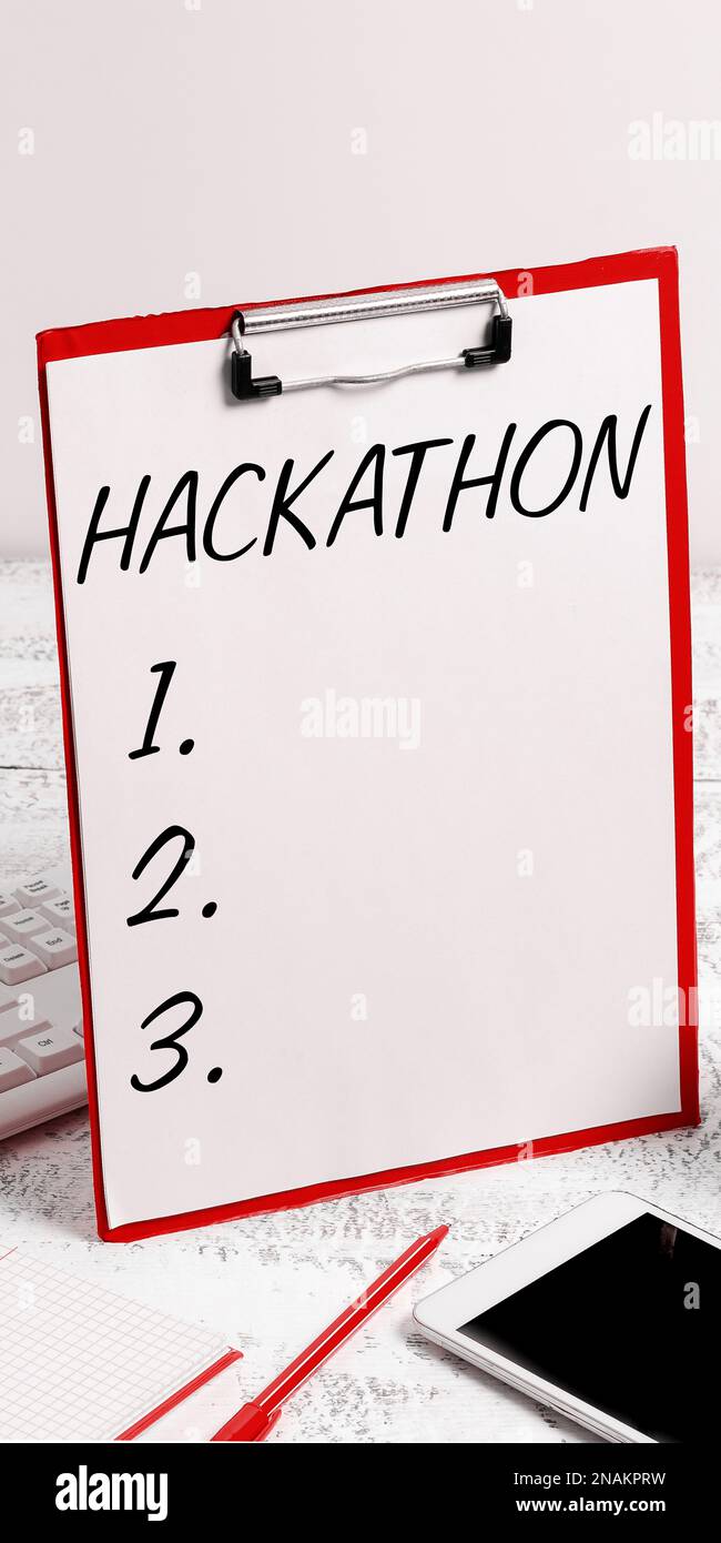 Cartello che mostra Hackathon. Parola scritta sull'evento in cui un gran numero di persone si impegnano nella programmazione Foto Stock