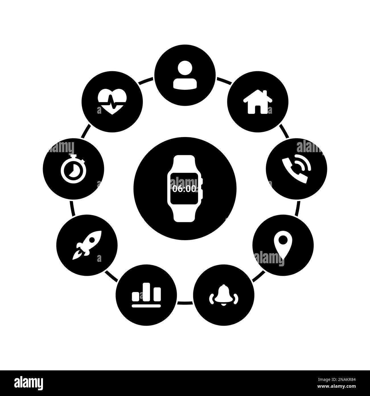 Set di icone bianche isolate su uno sfondo nero, su un tema Smart Watch Illustrazione Vettoriale