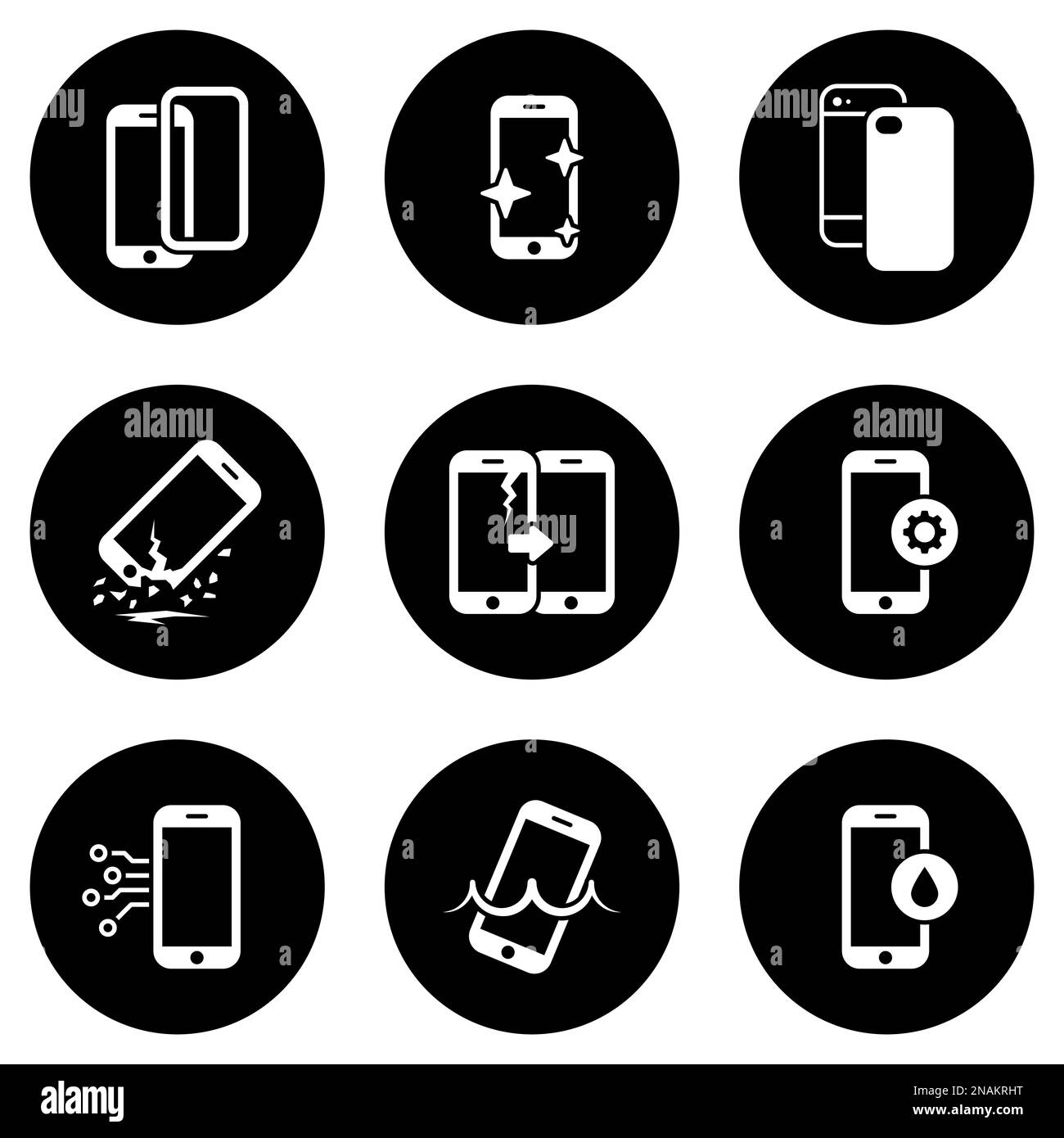 Set di icone semplici su uno smartphone riparazione tema, vettore, design, collezione, piatto, segno, simbolo, elemento, oggetto, illustrazione, isolato. Sfondo bianco Illustrazione Vettoriale