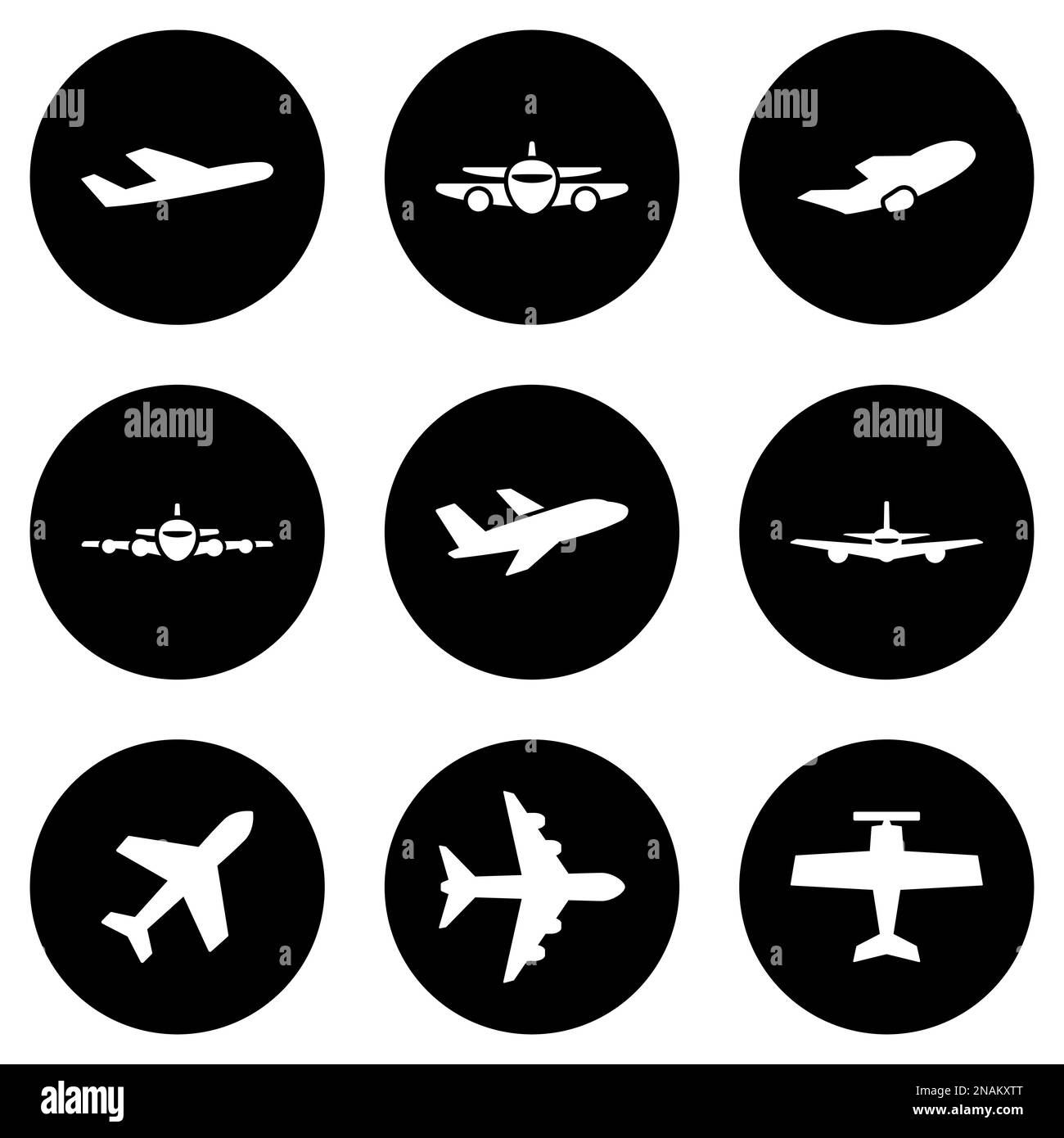 Set di icone bianche isolate su sfondo nero, su un aereo a tema Illustrazione Vettoriale