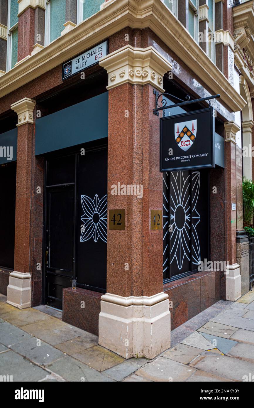 La Union Discount Company di London PLC a Cornhill nel distretto finanziario della City of London. Foto Stock