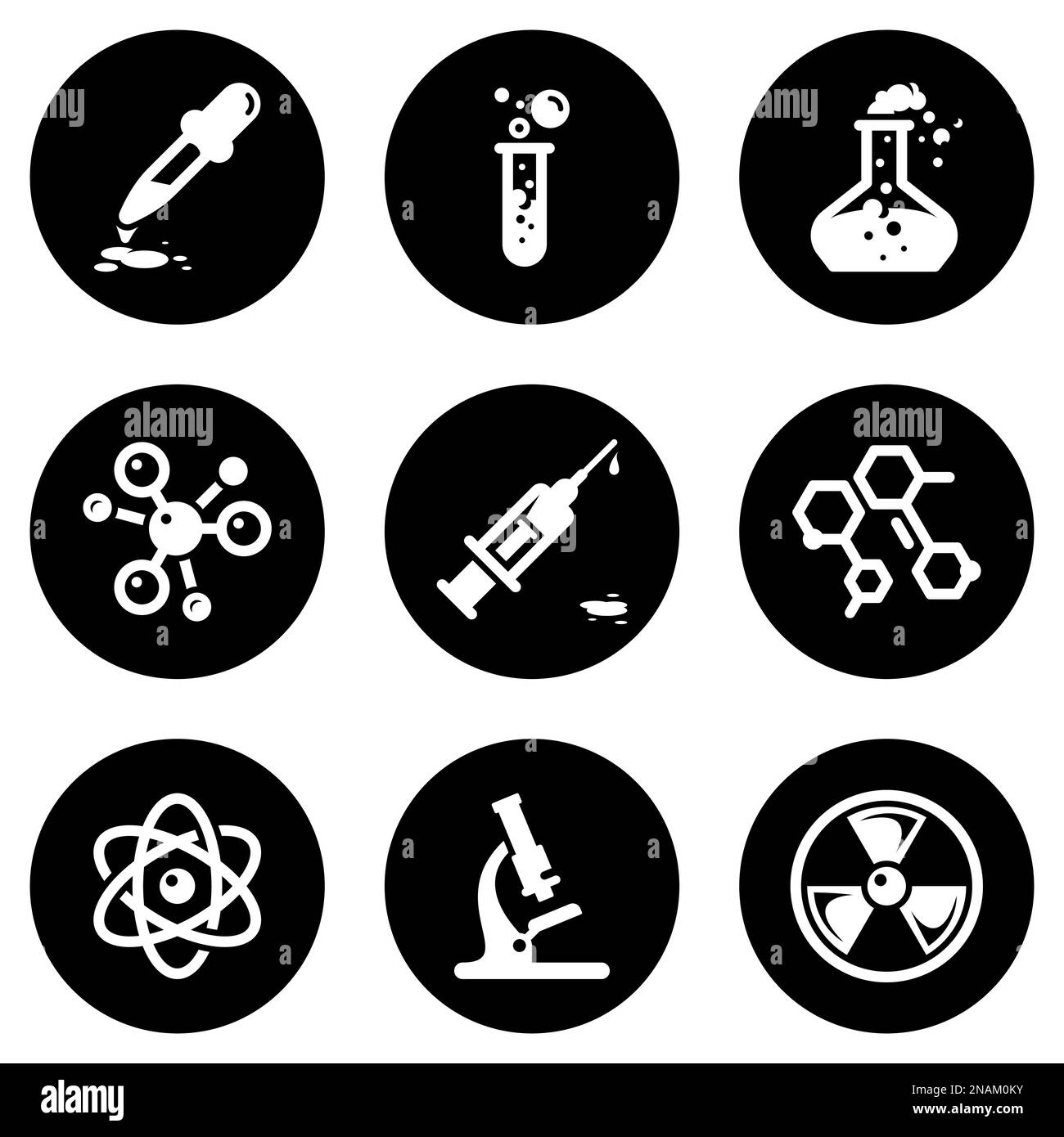 Set di icone bianche isolate su uno sfondo nero, su un tema chimica Illustrazione Vettoriale