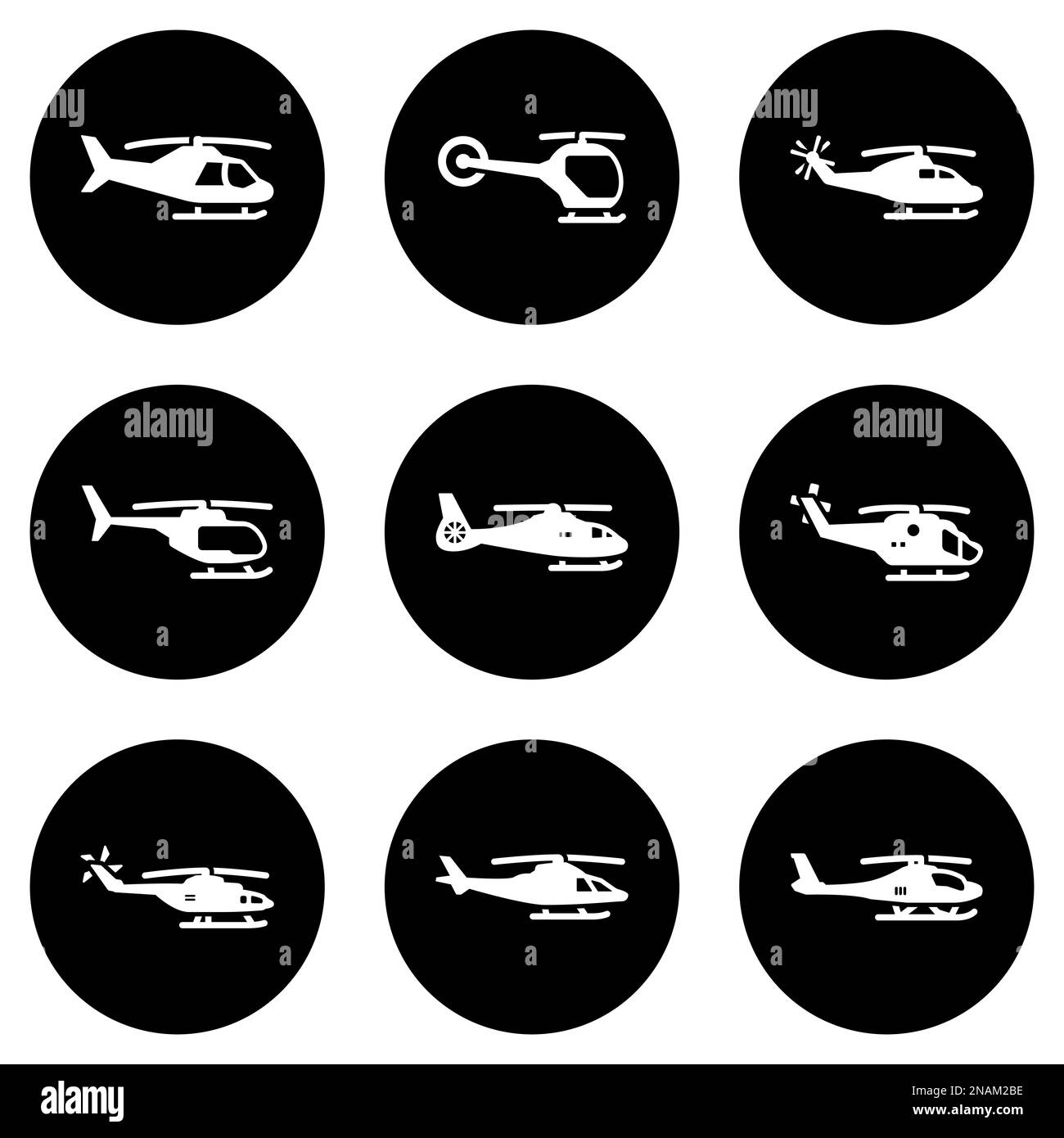 Insieme di icone bianche isolate su sfondo nero, su un tema elicottero Illustrazione Vettoriale