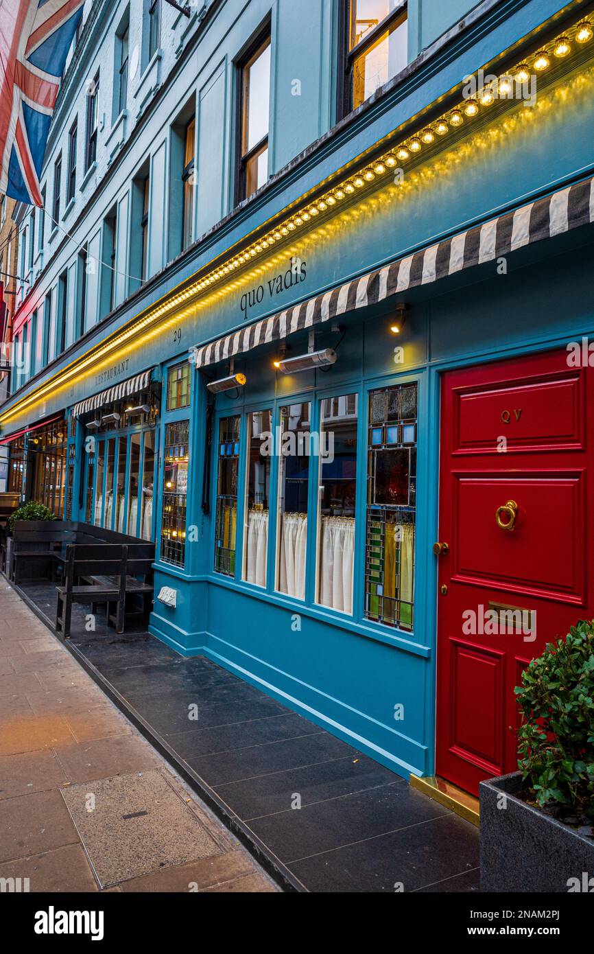 Quo Vadis Soho - Quo Vadis è uno storico ristorante di Soho e dei soci club in Dean Street, Soho. L'edificio era una volta casa di Karl Marx. Foto Stock