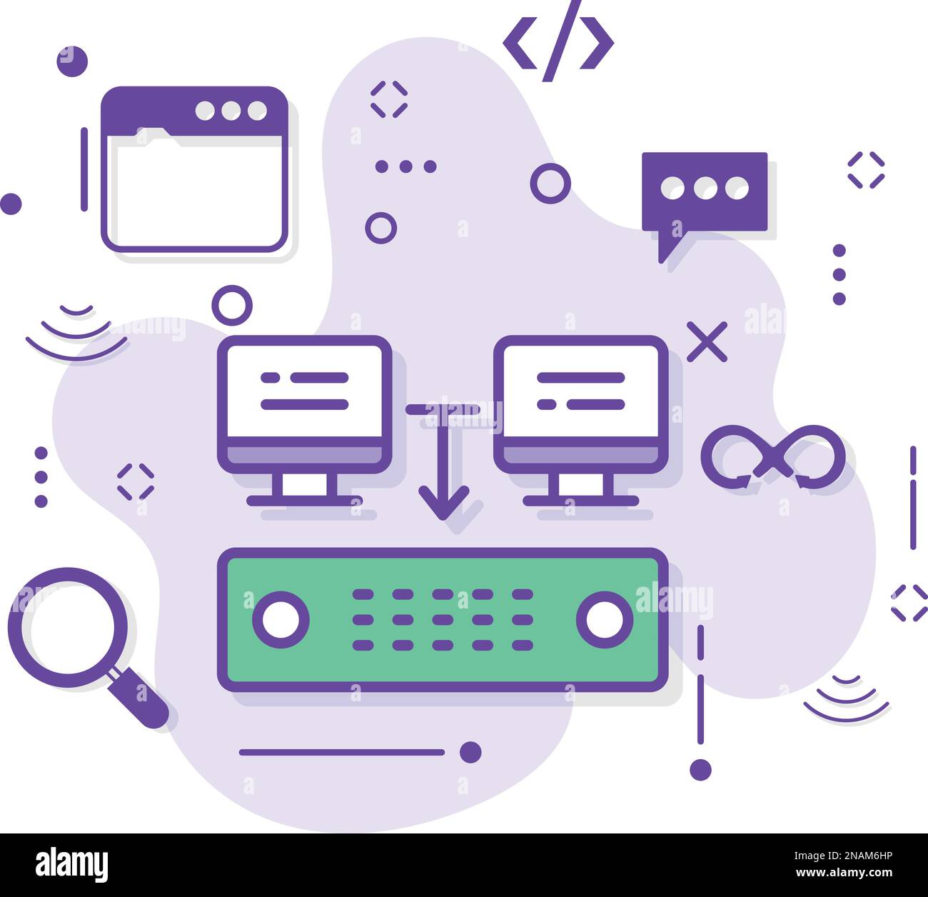 Illustrazione centralizzata di Connected Stock, progettazione di icone vettoriali per server virtuali dedicati, cloud computing e servizi di hosting Internet Symbol Illustrazione Vettoriale
