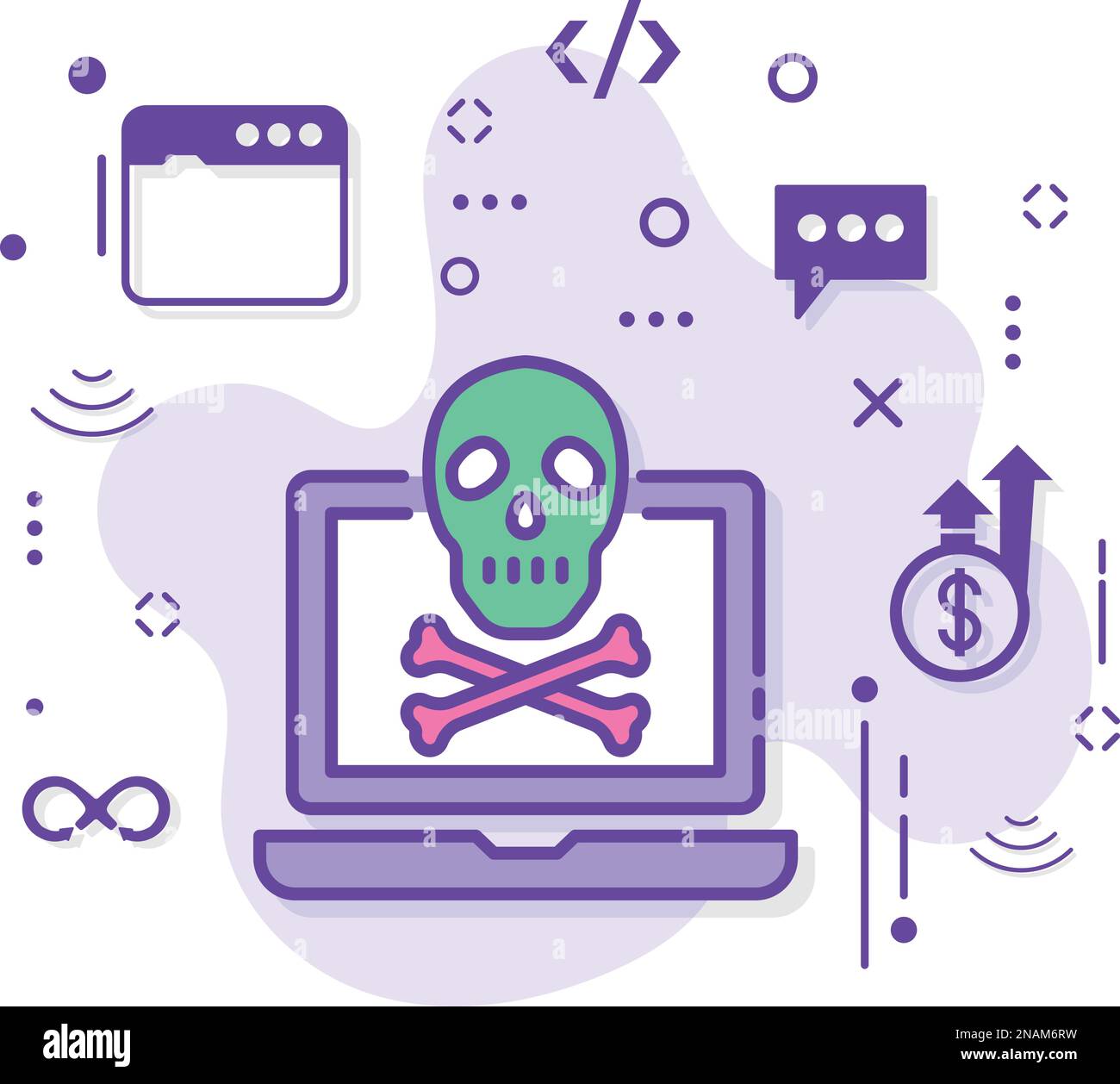 Concetto di schermata della morte blu, disegno dell'icona del vettore del virus del calcolatore, Cloud computing e servizi di hosting del Internet Symbol, segno di tentativo di hacking, S del cross-bone Illustrazione Vettoriale