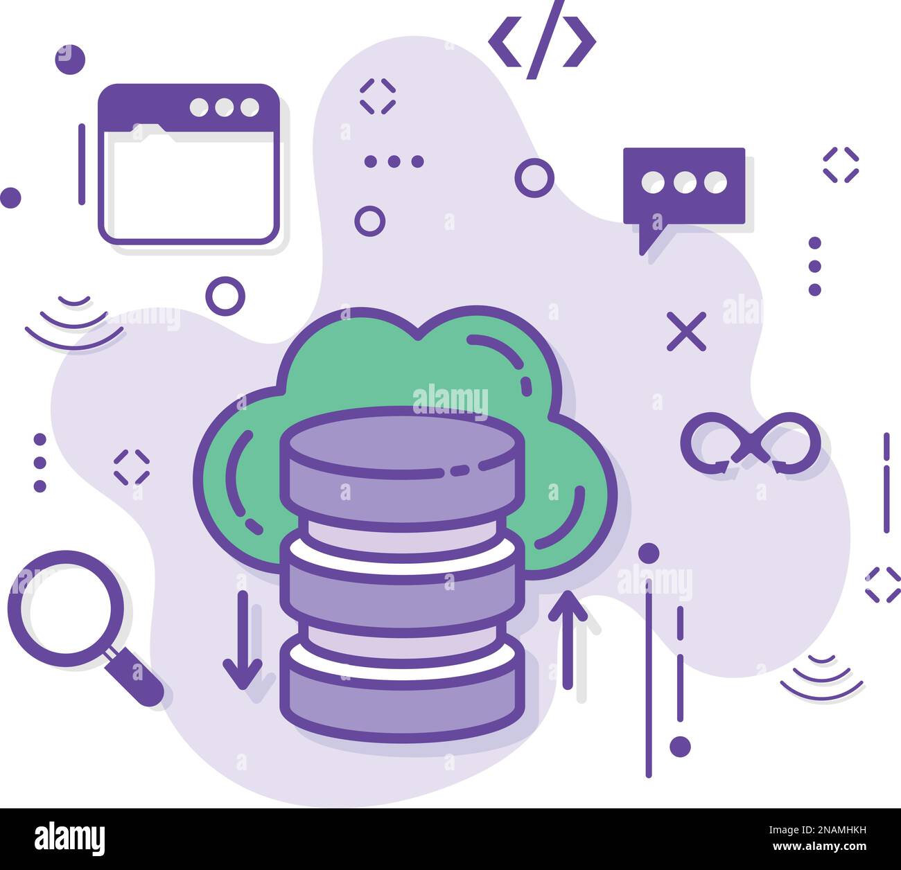 Cloud Database Data Transaction Commit Concept, Server and Storage Transmission Vector Icon Design Cloud Computing e Internet hosting Service Symbol Illustrazione Vettoriale