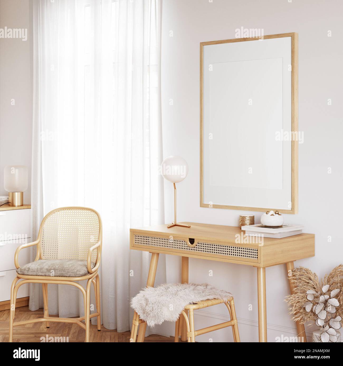 Cornice e poster in stile Boho interni. rendering 3d, illustrazione 3d. Foto Stock