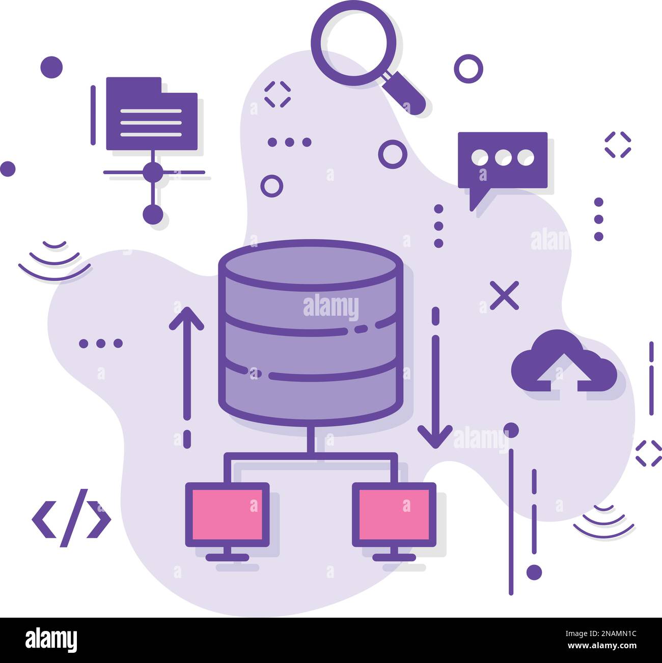 Illustrazione delle scorte di rete ibride di macchine con database condiviso, concetto di trasmissione di server di database centralizzato, memorizzazione dei dati e progettazione di icone vettoriali di accesso Illustrazione Vettoriale