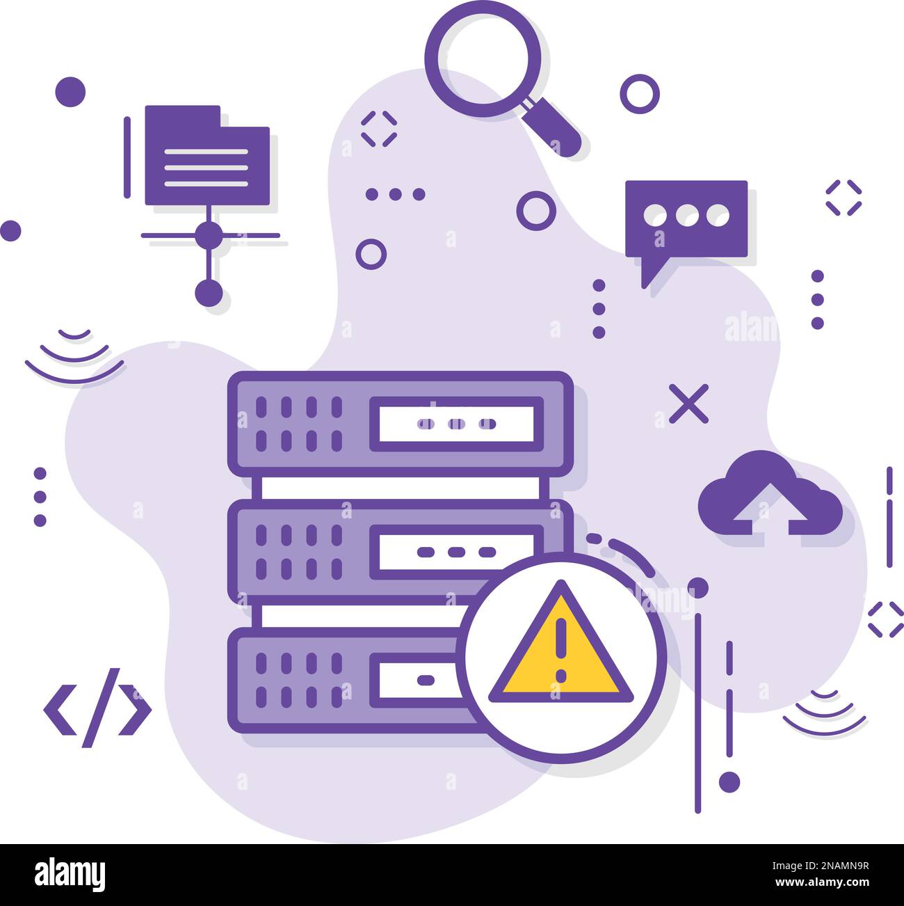 Progettazione di icone vettoriali per guasti alle macchine di database, servizi di cloud computing e hosting Web Symbol, il server DHCP annuncia un concetto di avviso, errore di rete Illustrazione Vettoriale
