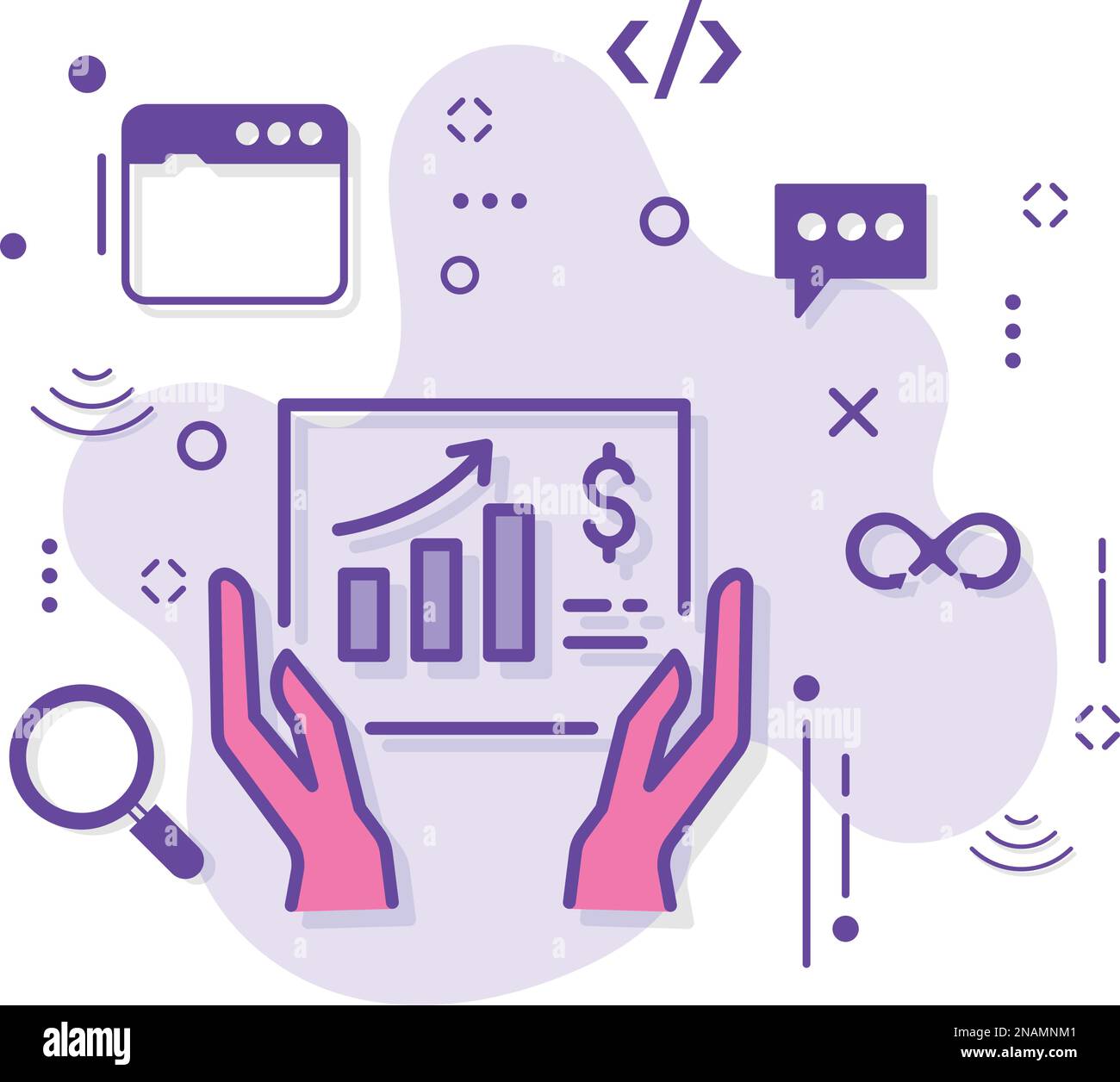 Statistiche di traffico di Web site disegno dell'icona del vettore, Cloud computing e servizi di hosting di Internet Symbol, concetto analitico di rapporto di holding della mano umana, controllo Illustrazione Vettoriale
