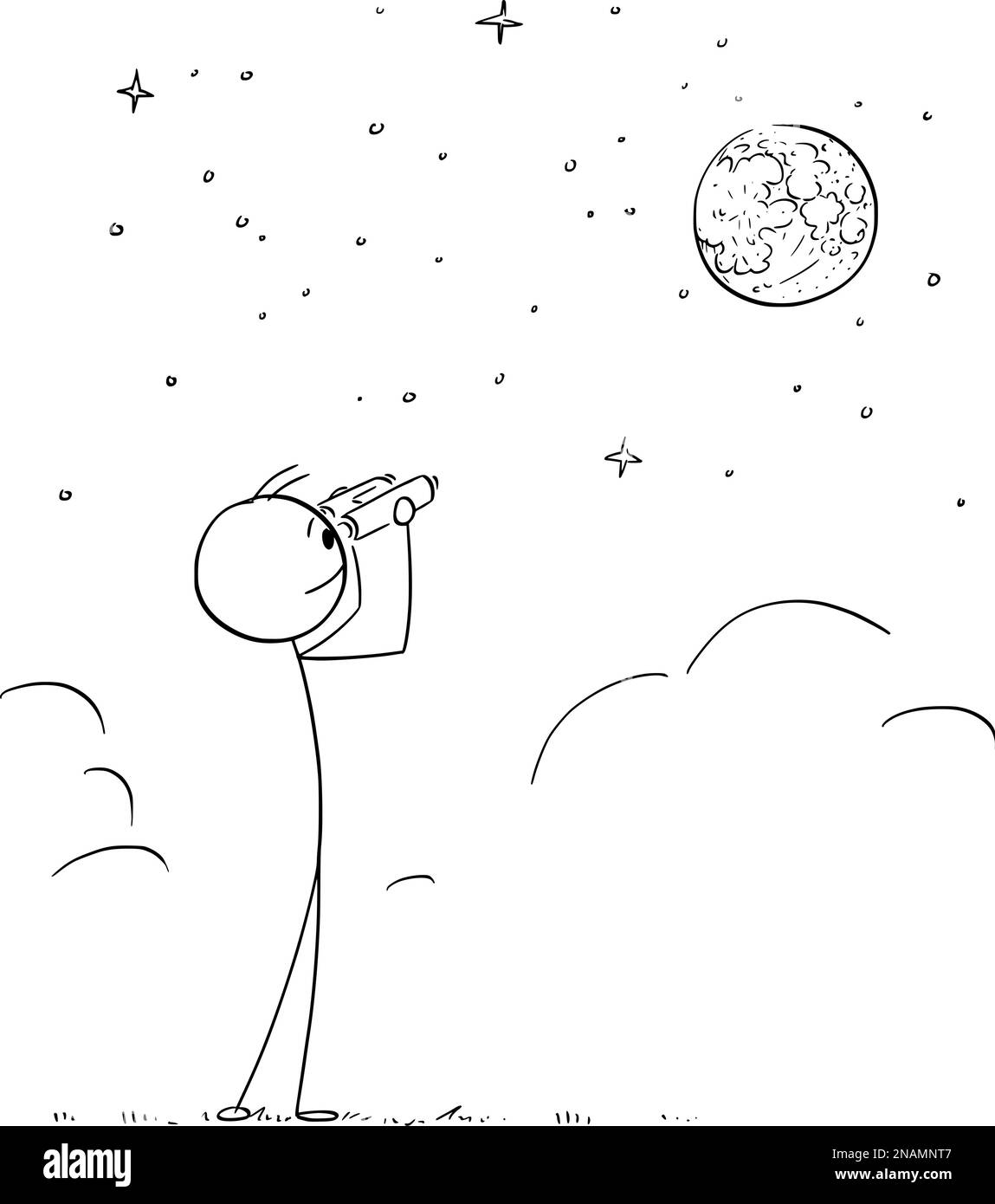 Erson con Binocolo che guarda la Luna, StickTM vettoriale Figura Illustrazione Illustrazione Vettoriale