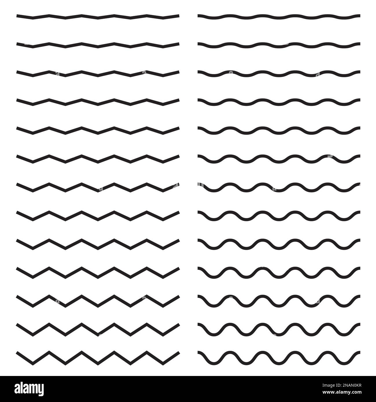 Set di linee ondulate a zig-zag senza cuciture su sfondo bianco Illustrazione Vettoriale