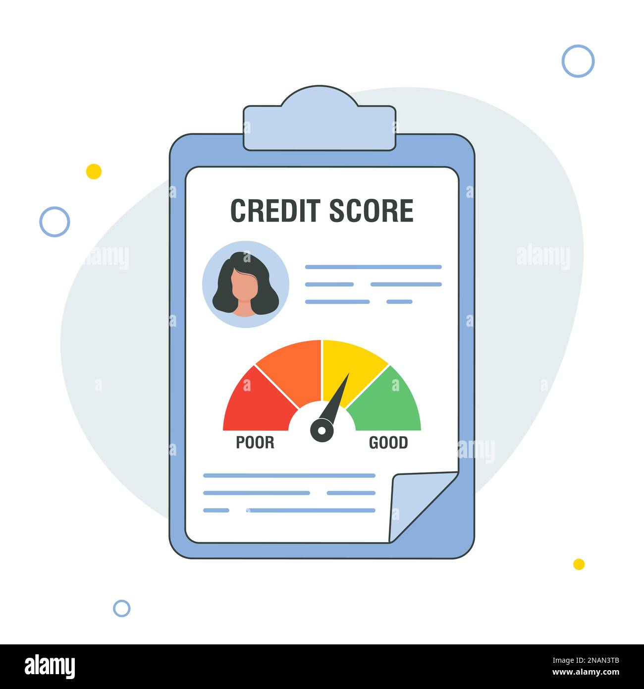 Concetto del documento di rapporto di accreditamento. Informazioni personali sul punteggio di credito. Illustrazione vettoriale in stile piatto Illustrazione Vettoriale