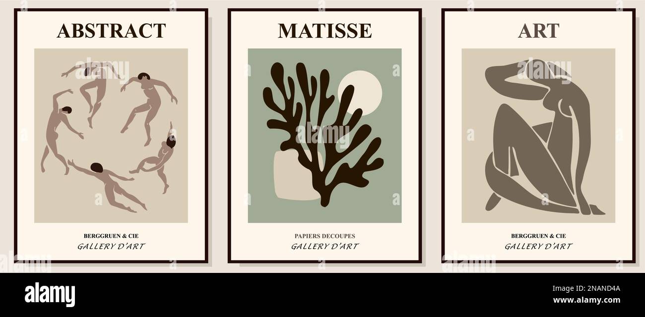 Set di illustrazioni vettoriali per poster astratti della mostra di ispirazione Matisse. Illustrazione Vettoriale