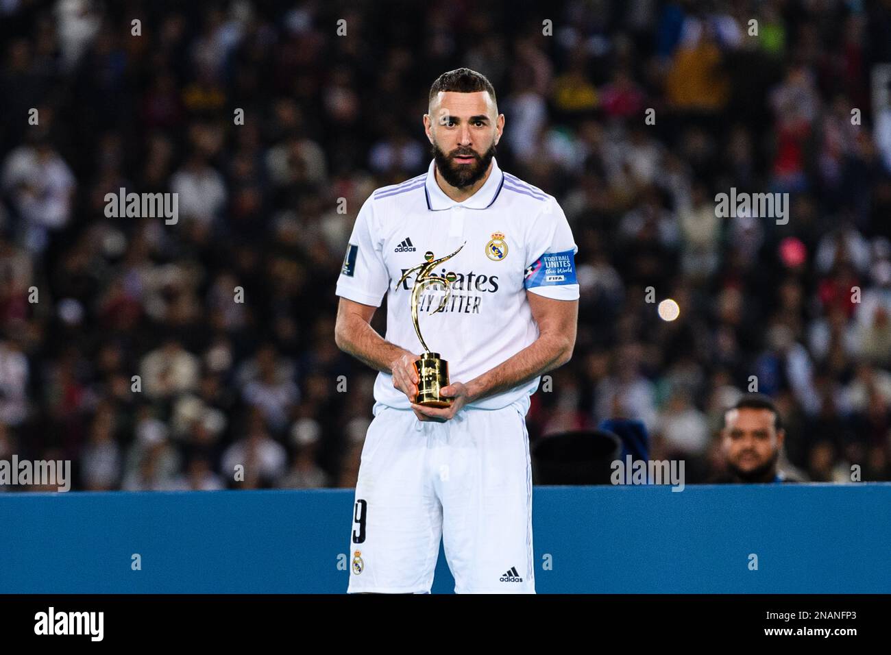 Principe Moulay Abdellah Rabat, Marocco - 11 febbraio: Karim Benzema del Real Madrid si presenta per le foto con il trofeo FIFA Fair Play Award durante la Coppa del mondo FIFA Club Marocco 2022 incontro finale tra Real Madrid e al Hilal al Principe Moulay Abdellah il 11 febbraio 2023 a Rabat, Marocco. (Foto di Marcio Machado/Eurasia Sport Images) (Eurasia Sport Images/SPP) Foto Stock