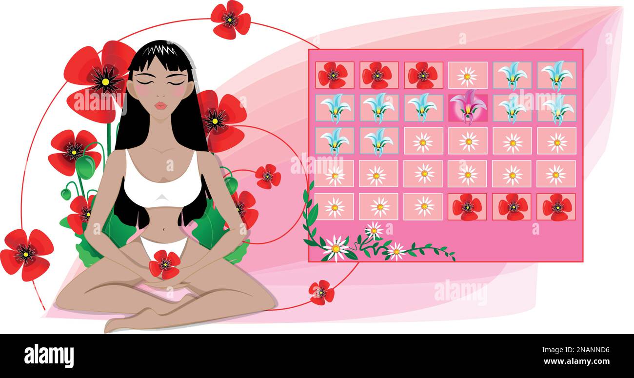 Un calendario delle giornate delle donne. Una donna si siede in meditazione tenendo un fiore di papavero scolpito nelle sue mani. Illustrazione Vettoriale