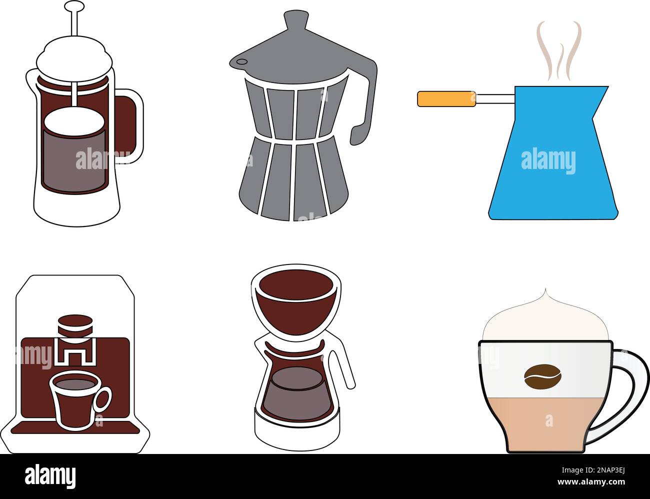 Diverse macchine per il caffè, una tazza di caffè e una caffettiera turca Illustrazione Vettoriale