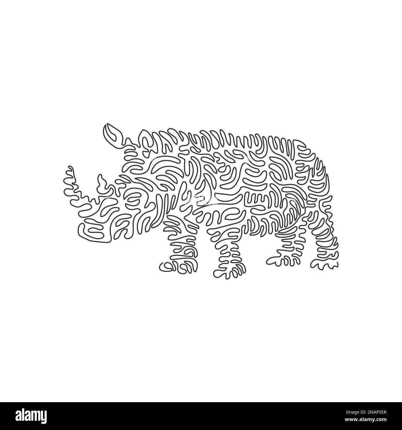 Disegno a linea continua a spirale singola di potenti rinoceronti. Disegno a linee continue stile di illustrazione vettoriale di un forte rinoceronte corporeo Illustrazione Vettoriale