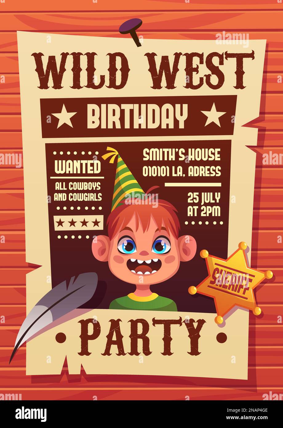 Poster del cowboy di compleanno. Ritratto del ragazzo su banner festa, vintage selvaggio stile occidentale e occidentale, modello di biglietto d'invito infantile, persona ricercato Illustrazione Vettoriale