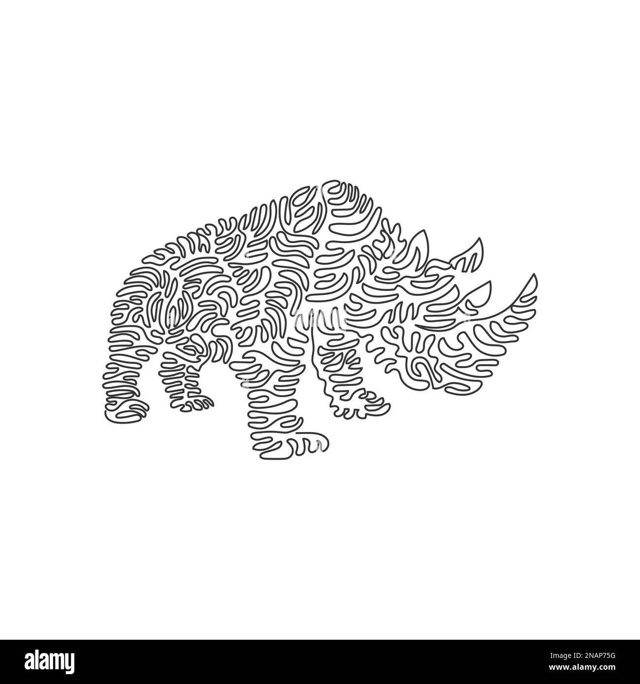 Singolo riccio una linea di disegno di erbivores rhinos astratto arte Disegno a linea continua disegno vettoriale illustrazione di due corna esotiche rinoceros Illustrazione Vettoriale