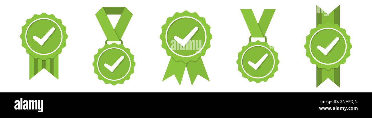 Set di icone medaglia verdi approvate o certificate in un design piatto Illustrazione Vettoriale