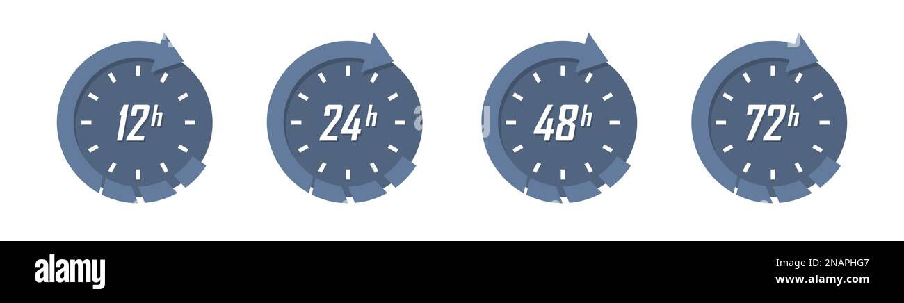 Set di frecce di orologio 12, 24, 48, 72 ore in un design piatto Illustrazione Vettoriale