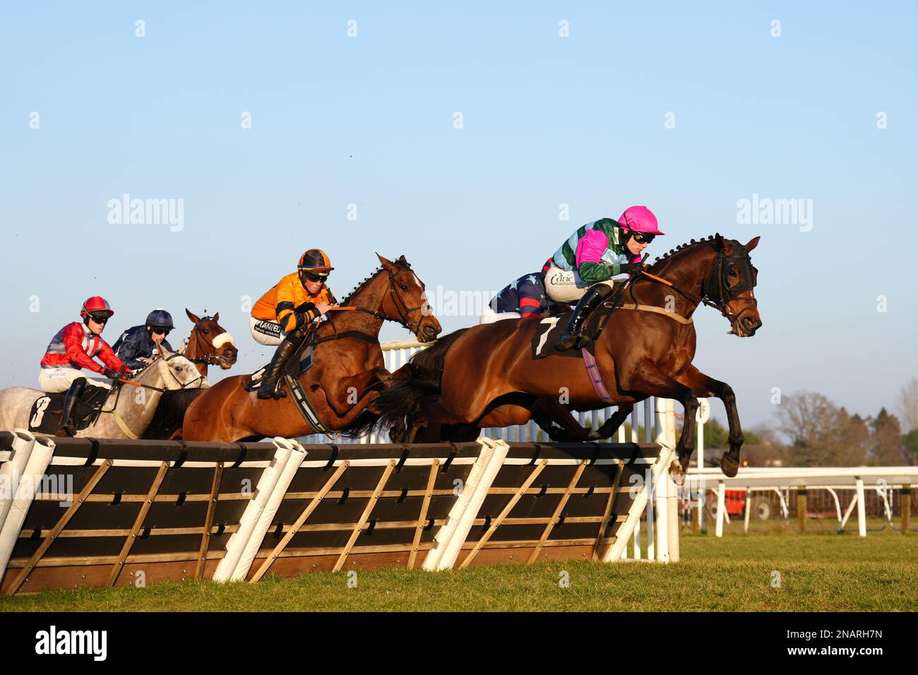 Checkitsme guidato da Sean Houlihan (a destra) nella barriera handicap dei deputati finanziari dello IEP all'ippodromo di Plumpton, East Sussex. Data immagine: Lunedì 13 febbraio 2023. Foto Stock