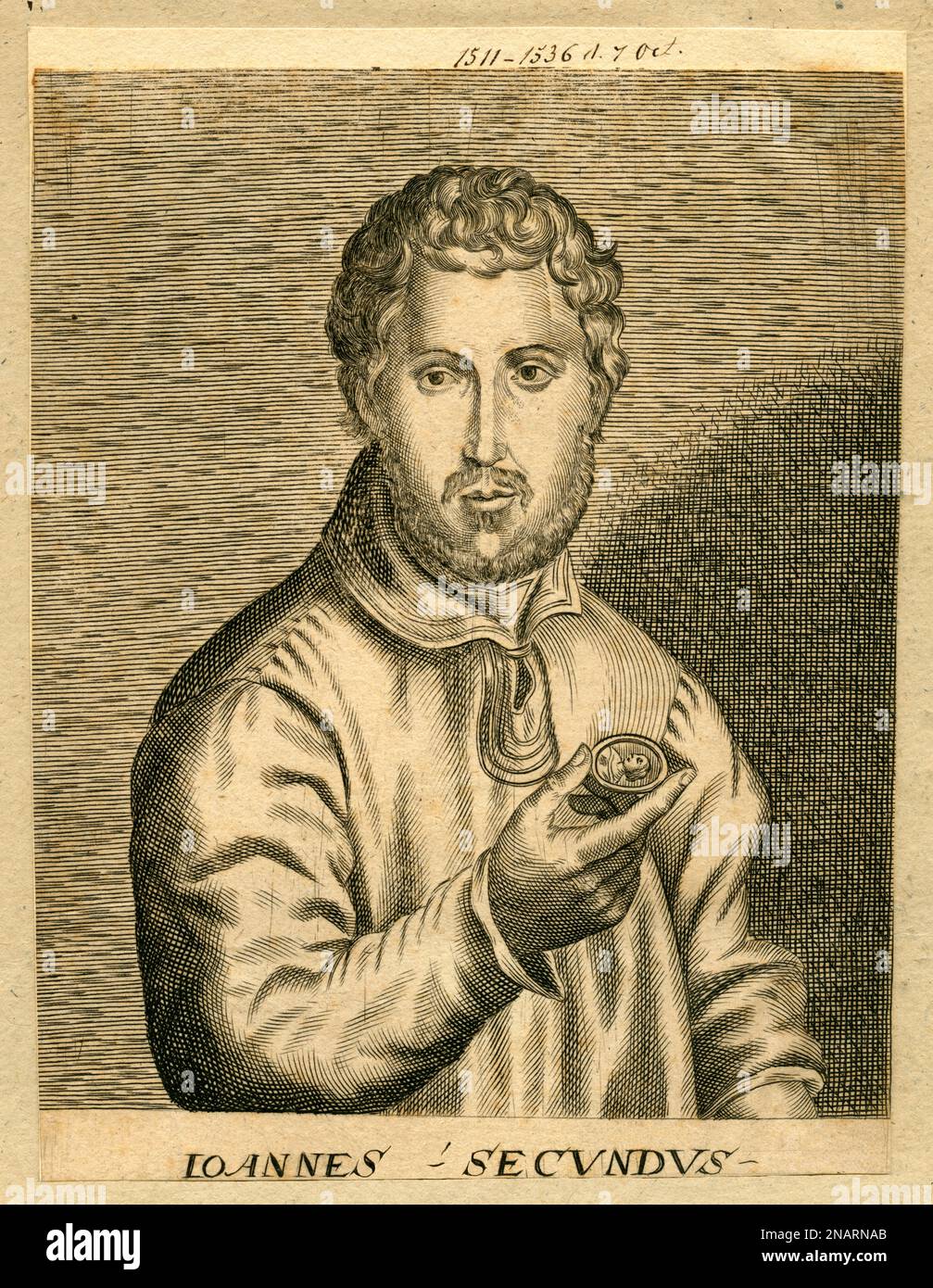 Europa, Niederlande, Den Haag, Johannes Secundus, Niederländischer Dichter und Maler, Kupferstich, 1. Hälfte 17. Jahrhundert, Stammt Motiv aus einem Buch . / Europa, Paesi Bassi, Den Haag, Johannes Secundus, poeta e pittore olandese, incisione in copperplate , la prima metà del 17th ° secolo , immagine di un libro . Foto Stock