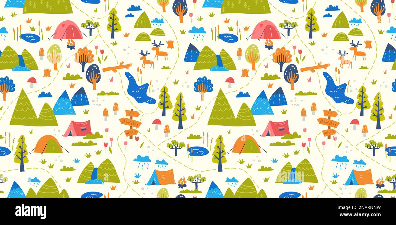 Carino disegno vettoriale senza cuciture con camping doodle, tende, paesaggio e sentieri, ideale per tessuti, banner, sfondi Illustrazione Vettoriale