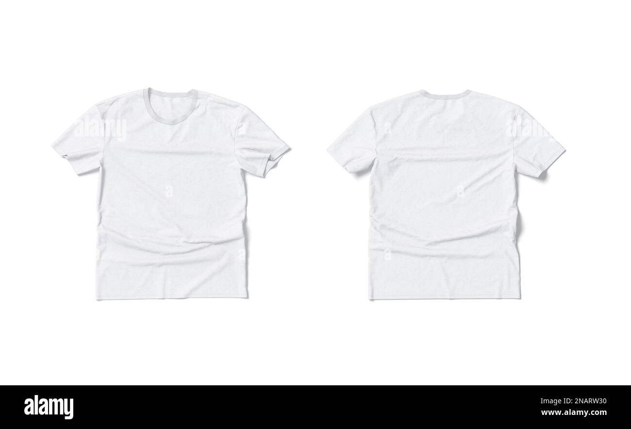 T-shirt bianca bianca mockup a posa piatta, fronte e retro, isolata, rendering 3D. Maglietta vuota sgualcita con scollo rotondo mock up, vista dall'alto. Semplice casual Foto Stock