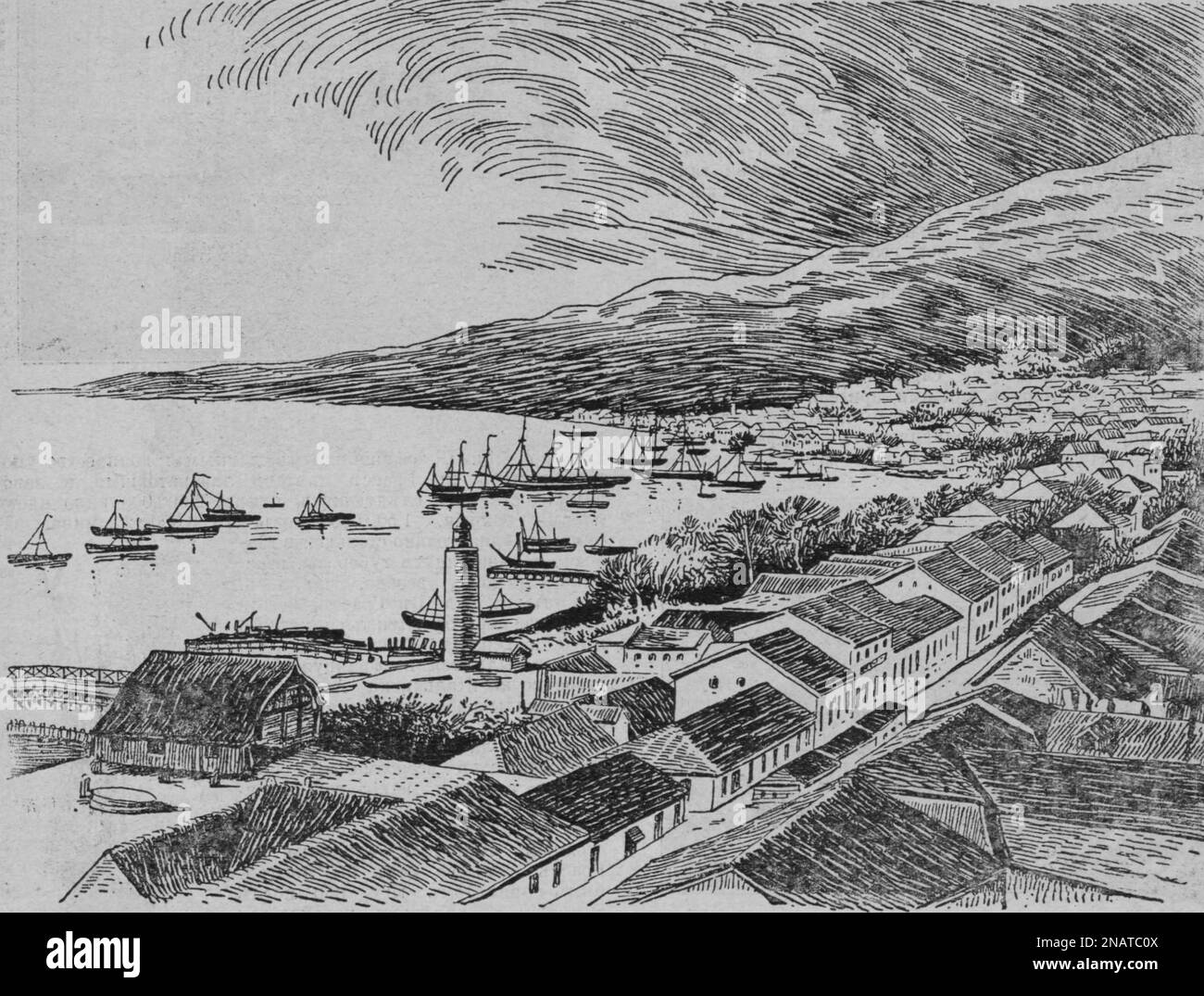 La città di Saint-Pierre sull'isola della Martinica distrutta da un . Disegno dal 20th ° secolo. Foto Stock
