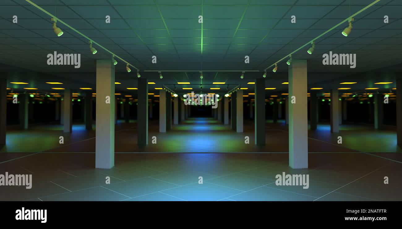 Parcheggio industriale realistico Hangar, Garage sotterraneo magazzino, rendering 3D Foto Stock