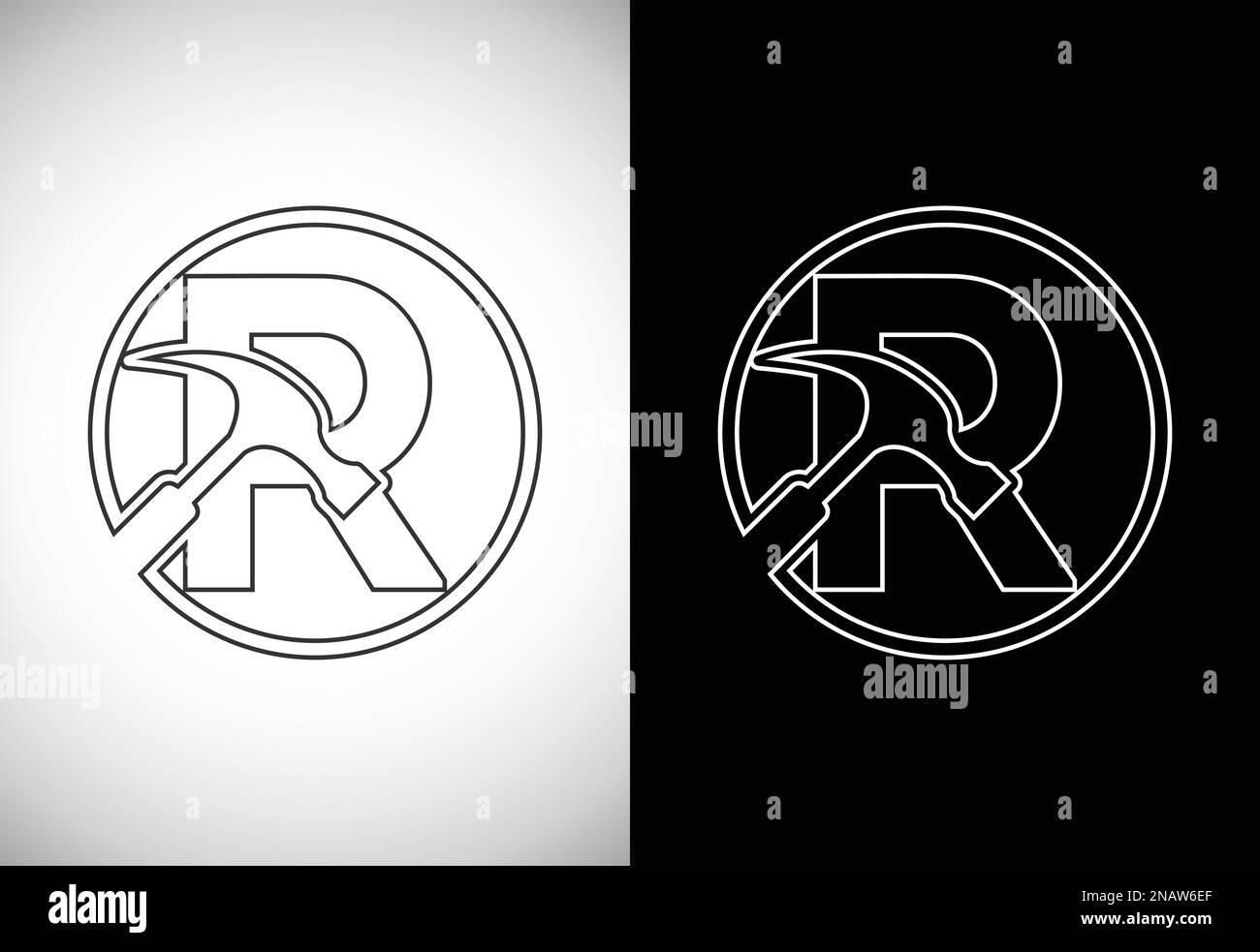 Lettera R iniziale con martello. Logo di riparazione, ristrutturazione e costruzione. Logo in stile Line art Illustrazione Vettoriale