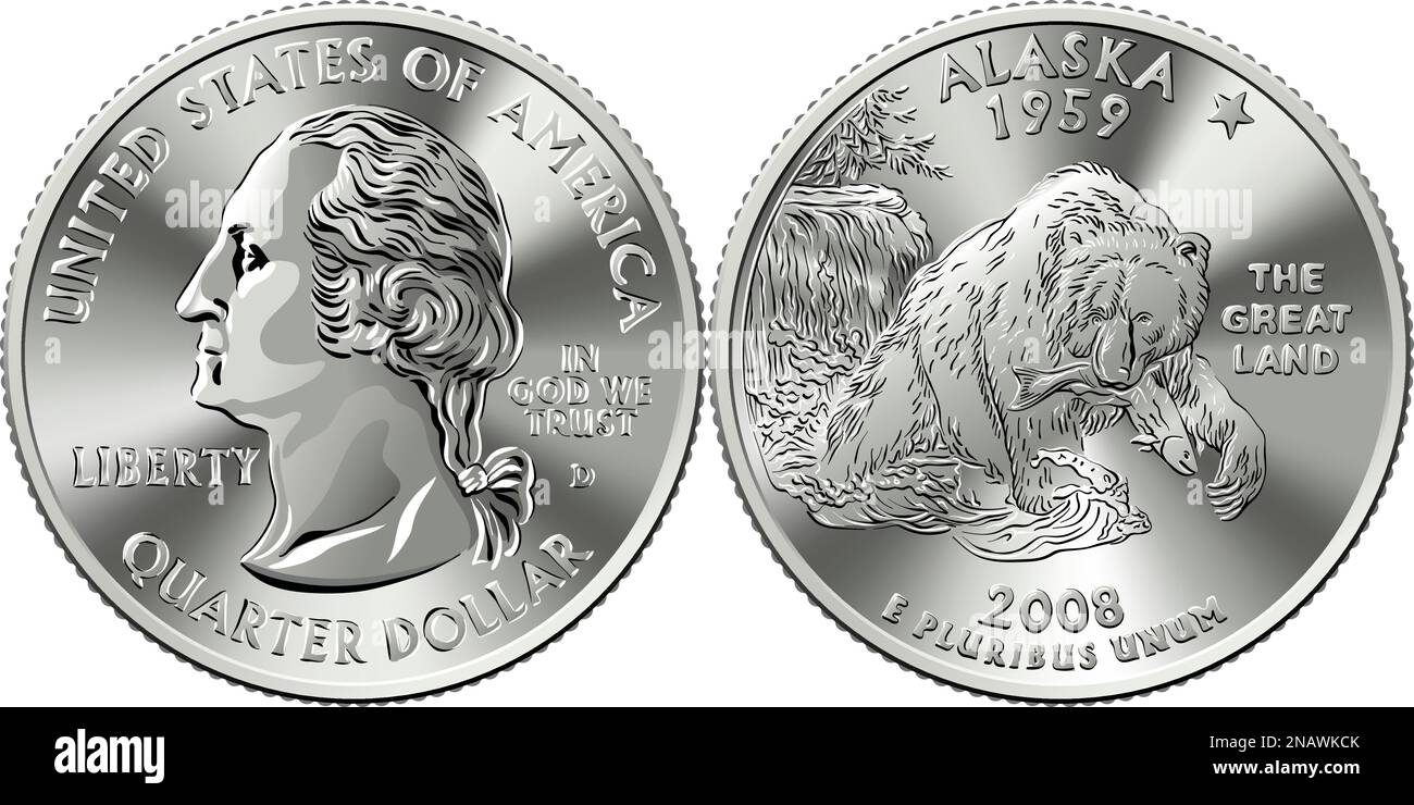 I soldi americani, il quarto dollaro di Washington degli Stati Uniti o la moneta d'argento da 25 cent, sono grizzly reverse Illustrazione Vettoriale