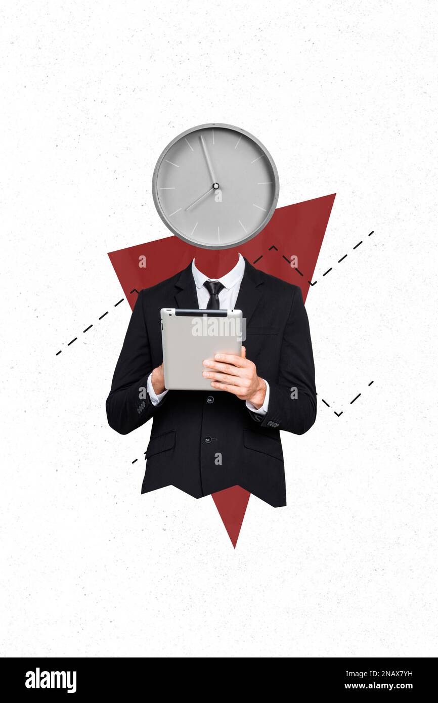 Collage foto minimalistico immagine poster banner immagine di bell'uomo che lavora la mattina presto rendere i soldi isolati su sfondo disegno Foto Stock